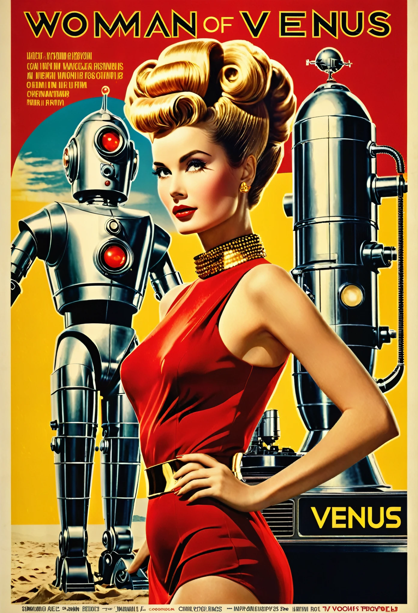 Woman of Venus movie poster, "Woman of Venus" title, (retro:1.2), iconic design, (stylish visuals:1.1), vintage aesthetics, sexy woman in red and gold retrofuturistic outfit, hair up in sofisticated hairstyle, next to her iconic robot of '50s tv series,(cinematic vibe), (cool typography), (classic film poster style)