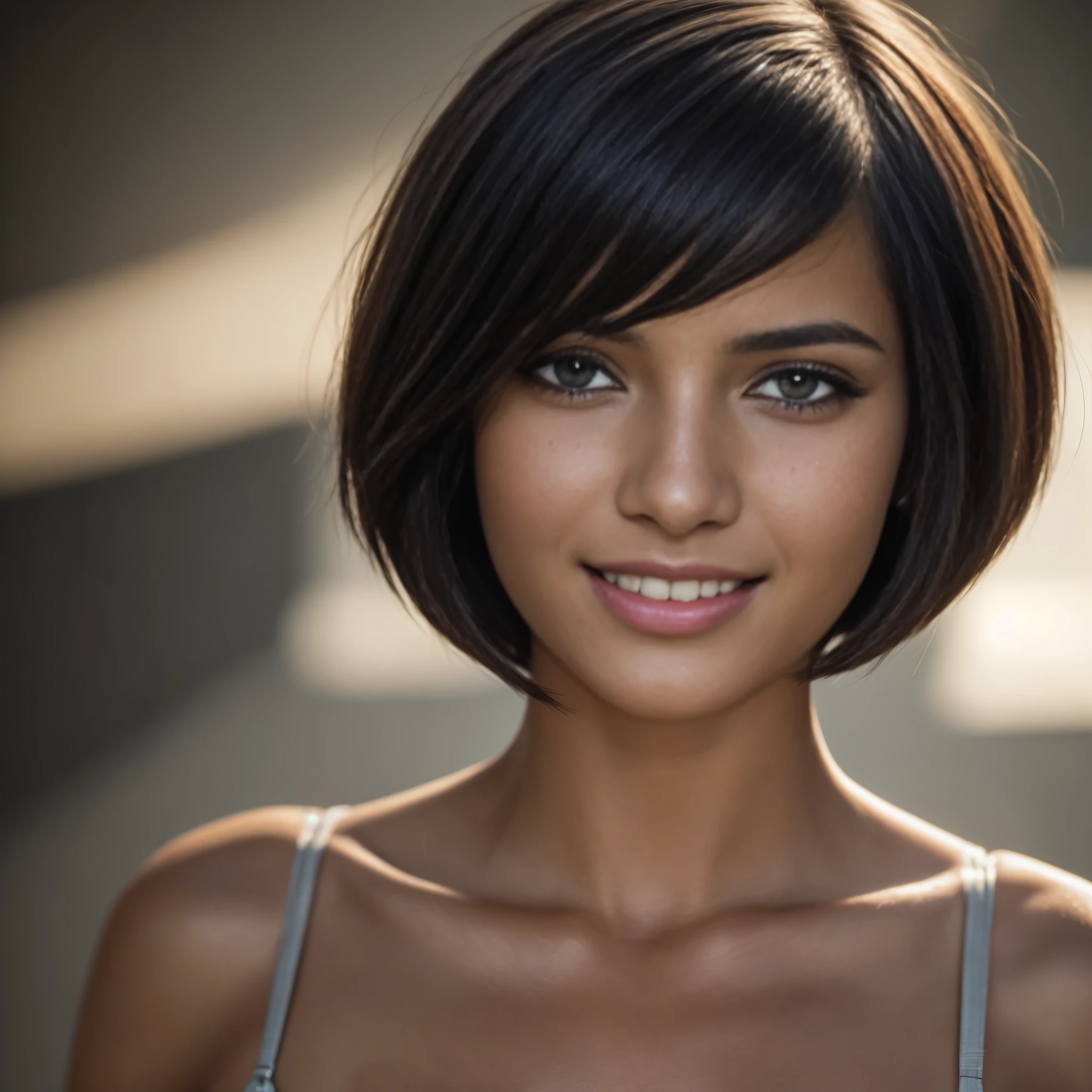 Isabela Merced, portrait photo, close-up of face, bob_cut hair, smiling seductively, (skin texture:1.1), (high detail face:1.1),high detail body, high detail clothes, (masterpiece), (realistic), ultra high definition, 4k, ultra high resolution, film grain, cinematic lighting, rim lighting, photo by Mark Mann, RAW image