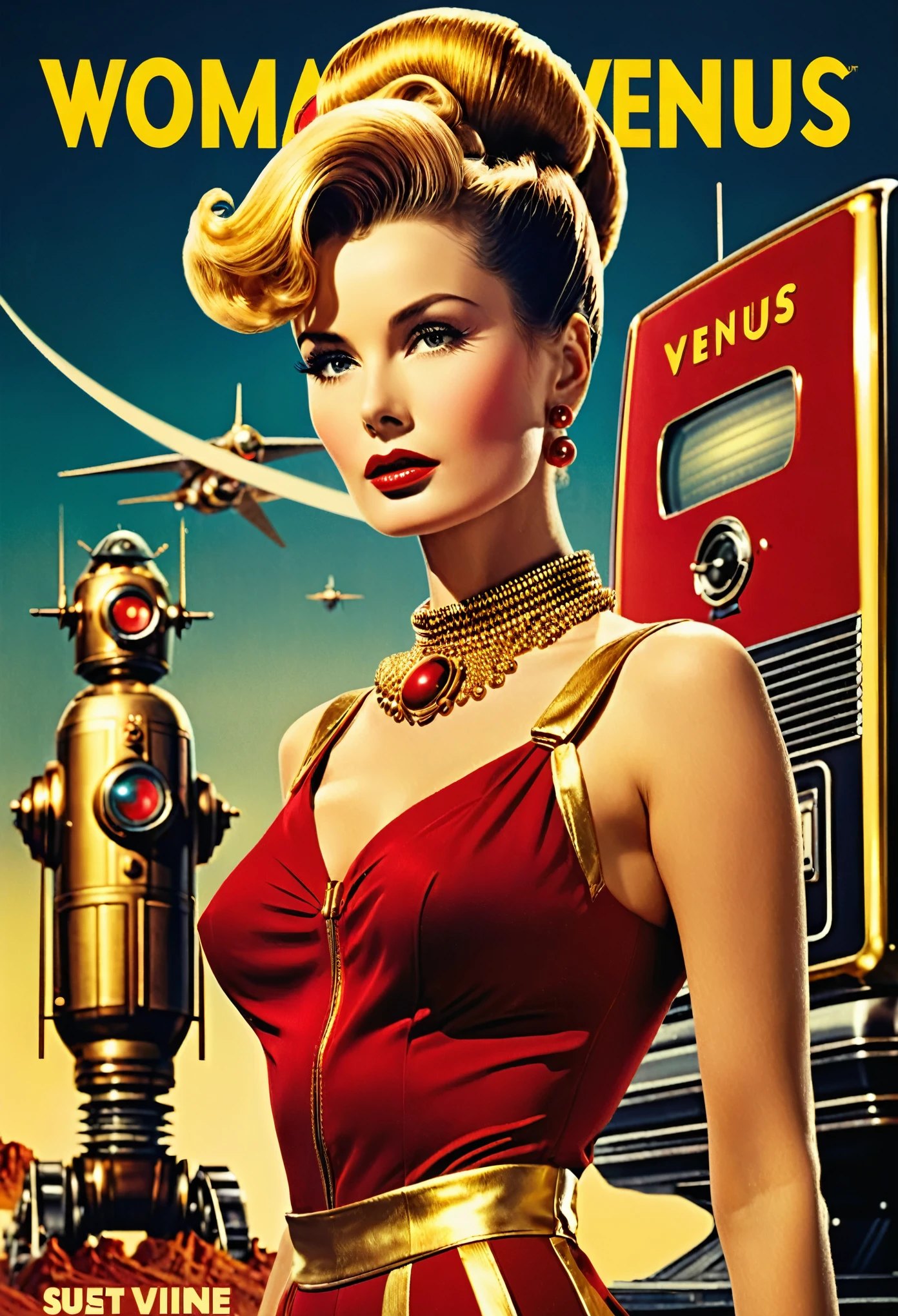 Woman of Venus movie poster, "Woman of Venus" title, (retro:1.2), iconic design, (stylish visuals:1.1), vintage aesthetics, sexy woman in red and gold retrofuturistic outfit, hair up in sofisticated hairstyle, next to her iconic robot of '50s tv series,(cinematic vibe), (cool typography), (classic film poster style)