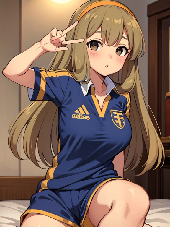 Shooting on the bed,whole body,Portrait of Goldie_ (Flat Chest:0.3), Masterpiece: 、Big Breasts、Cleavage、Soccer uniforms