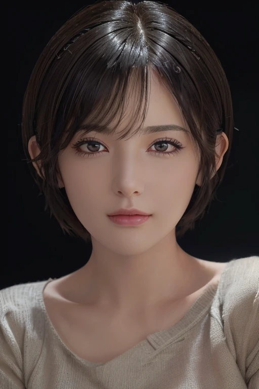 (masterpiece:1.3), (8k, photorealistic, RAW photo, best quality: 1.4), (1girl), beautiful face, (realistic face), (black hair, short hair:1.3), beautiful hairstyle, realistic eyes, beautiful detailed eyes, (realistic skin), beautiful skin, (sweater), absurdres, attractive, ultra high res, ultra realistic, highly detailed, golden ratio