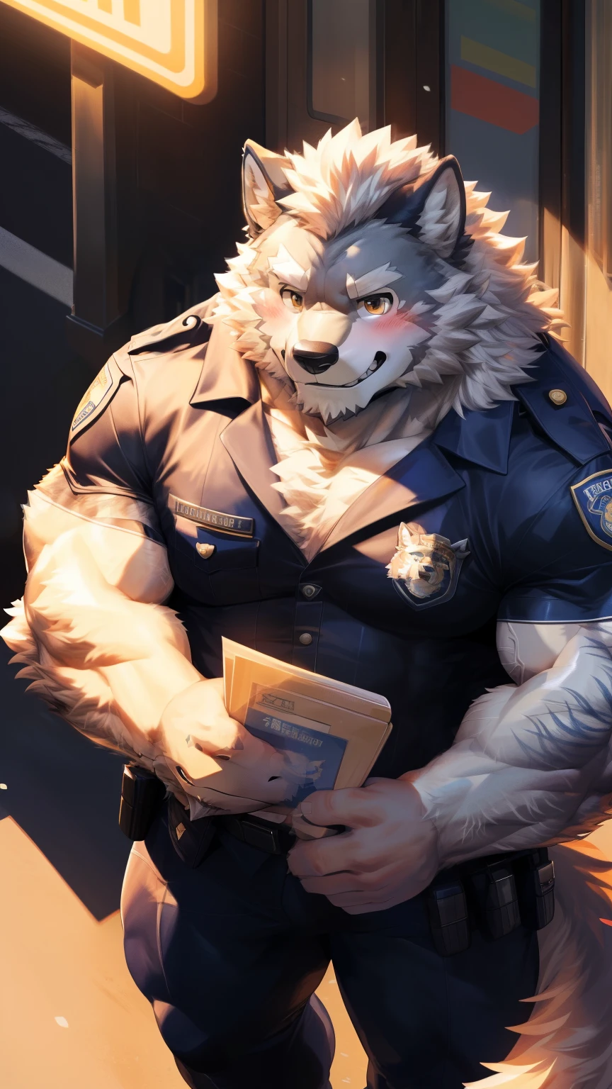 Solitary, anthropology, hairy, hairy male, Wolf, ((Fluffy fur, Fluffy, hairy body)), (Wolf印), (short beard), youth, Gray body, muscular, White, Big muscles, Golden pupils, Tail, deTailed teeth, deTailed face, Fundos, bridegroom, ((Open neckline)Black police uniform), (Black leggings), With a pistol, Standing shyly in front of the police car, deTailed Fluffy fur, deTailed face, ((Look up at the audience)), majestic, barbarous, A faint smile, Blushing, Strong, Urban streets, Half sideways, ((Top view)), (through empty ghost, From wolf26, masterpiece, high quality, high resolution,8k), permanent, Full body portrait, outdoor,
