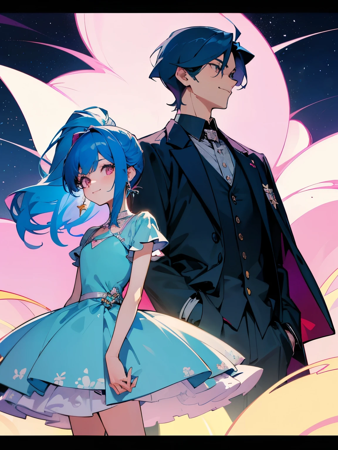 cartoon of a boy and a girl standing close together, ddlc, in the art style of 8 0 s anime, 9 0 s anime style, 90s anime style, in anime style, in an anime style, anime aesthetic, anime vibes, 9 0 s anime aesthetic, 9 0 s anime art style, lofi boy and girl, beautiful background outside, background at night with stars and a moon, fairy lights, beautiful background in a floral garden with fairy lights at night, a cute boy and a cute girl, beautiful faces, a boy and a girl, don't extra hands, NO extra hands, generate a boy and a girl with NO extra hands, NO extra arm, the boy has a short hairstyle and the girl has a long hairstyle, the boy has blue hair, the girl has pink hair, pretty faces, cute pretty boy in a smoking dress, cute pretty girl in a beautiful dress, with amazing smile, boy has a pretty smile, girl has a cute smile, cartoon of a boy and a girl standing close together, ddlc, in the art style of 8 0 s anime, 9 0 s anime style, 90s anime style, in anime style, in an anime style, anime aesthetic, anime vibes, 9 0 s anime aesthetic, 9 0 s anime art style, lofi boy and girl, beautiful background outside, background at night with stars and a moon, fairy lights, beautiful background in a floral garden with fairy lights at night, a cute boy and a cute girl, beautiful faces, a boy and a girl, don't extra hands, NO extra hands, generate a boy and a girl with NO extra hands, NO extra arm, the boy has a short hairstyle and the girl has a long hairstyle, the boy has blue hair, the girl has pink hair, pretty faces, cute pretty boy in a smocking dress, cute pretty girl in a beautiful dress, with amazing smile, boy has a pretty smile, girl has a cute smile