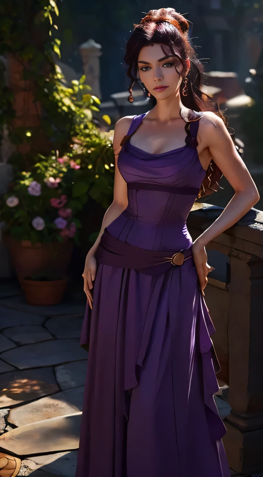 1girl, long and elaborate hair, ((purple eyes)), jewelries, ((Cast light magic)), on a roof of garden, Volumetric lighting, best quality, master part, Realistic, anatomicamente correto, (Strong cinematic lighting), detalhes impressionantes, detalhes intrincados, 8K post-production, high resolution, super detalhes, trending on ArtStation, sharp focus, profundidade de campo f/1.8, studio photos, (((Looking at camera))), Megara, brunette hair, full body, looking to the viewer, long hair