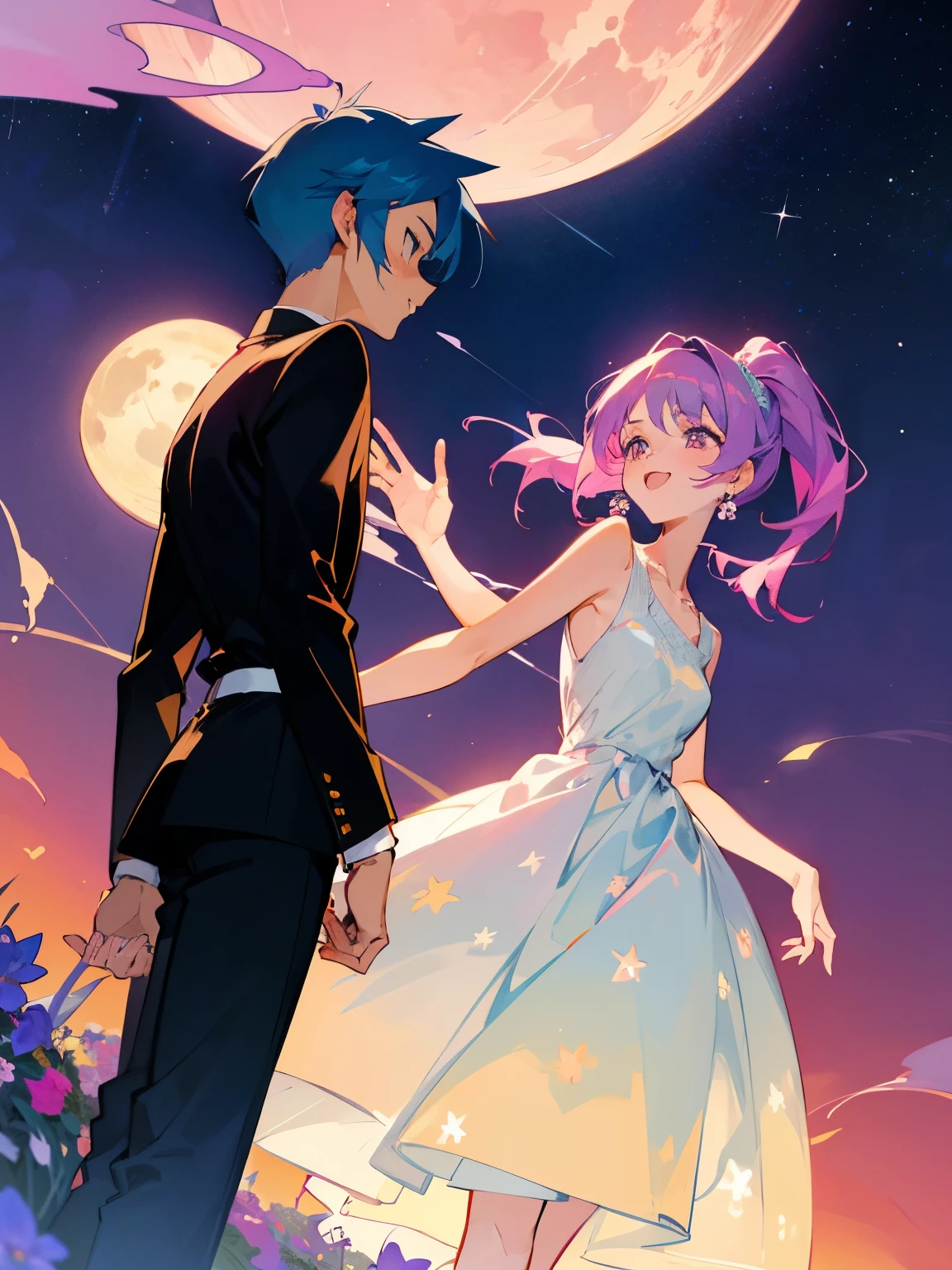 cartoon of a boy and a girl standing close together, ddlc, in the art style of 8 0 s anime, 9 0 s anime style, 90s anime style, in anime style, in an anime style, anime aesthetic, anime vibes, 9 0 s anime aesthetic, 9 0 s anime art style, lofi boy and girl, beautiful background outside, background at night with stars and a moon, fairy lights, beautiful background in a floral garden with fairy lights at night, a cute boy and a cute girl, beautiful faces, a boy and a girl, don't extra hands, NO extra hands, generate a boy and a girl with NO extra hands, NO extra arm, the boy has a short hairstyle and the girl has a long hairstyle, the boy has blue hair, the girl has pink hair, pretty faces, cute pretty boy in a smoking dress, cute pretty girl in a beautiful dress, with amazing smile, boy has a pretty smile, girl has a cute smile, cartoon of a boy and a girl standing close together, ddlc, in the art style of 8 0 s anime, 9 0 s anime style, 90s anime style, in anime style, in an anime style, anime aesthetic, anime vibes, 9 0 s anime aesthetic, 9 0 s anime art style, lofi boy and girl, beautiful background outside, background at night with stars and a moon, fairy lights, beautiful background in a floral garden with fairy lights at night, a cute boy and a cute girl, beautiful faces, a boy and a girl, don't extra hands, NO extra hands, generate a boy and a girl with NO extra hands, NO extra arm, the boy has a short hairstyle and the girl has a long hairstyle, the boy has blue hair, the girl has pink hair, pretty faces, cute pretty boy in a smocking dress, cute pretty girl in a beautiful dress, with amazing smile, boy has a pretty smile, girl has a cute smile