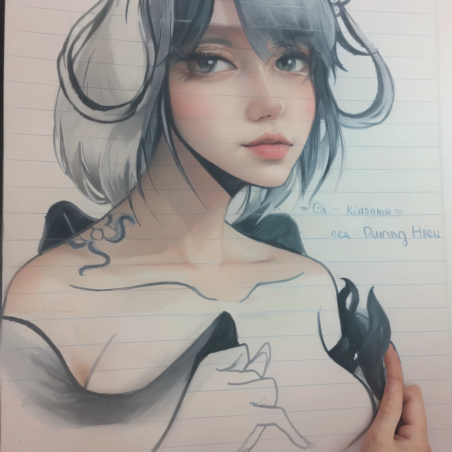 drawing of a woman with a tattoo on her chest and a quote, inspired by Leiko Ikemura, coloured line art, colored sketch, full color drawing, inspired by Rei Kamoi, colorful sketch, inspired in kris from deltarrune, colored drawing, an anime drawing, portrait!!! mononoke-hime style, inspired by Ren Xiong