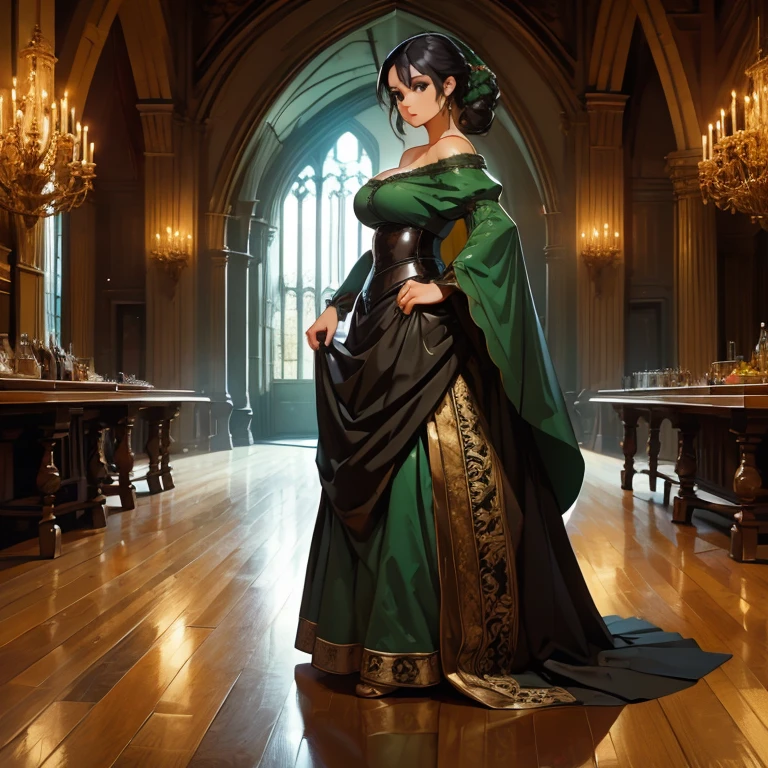 (Masterpiece), (detailed), (high res), (high quality), curvy medieval barmaid, green garments, black hair, (standing on table on all fours with arhed back), on table