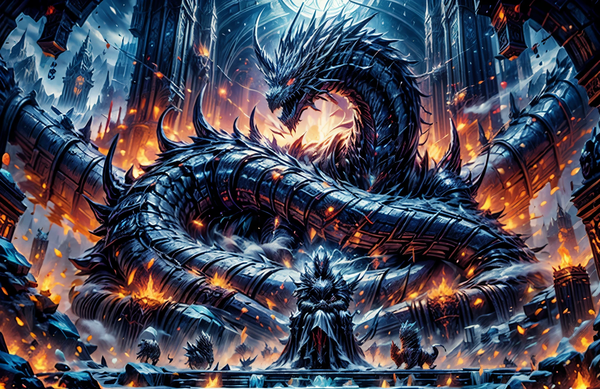 (best quality,4k,high resolution,masterpiece:1.2),wide shot, Ice throne,knight in the ancient armour sitting on the ice throne,armour with runes on it,lich king,blue mist floating in the air,eyes shining blue,the huge glorious bone dragon on the background,skeleton dragon,behind the throne,winter,arctic,polar,fantasy,World of Warcraft