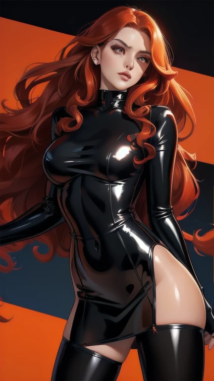 Best quality,woman,perfect and beauty face,long curly red hair,sheer black latex slit mini dress, shiny orange pantyhose, dynamic angle