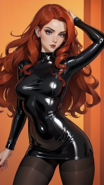 Best quality,woman,perfect and beauty face,long curly red hair,sheer black latex slit mini dress, shiny orange pantyhose, dynamic angle