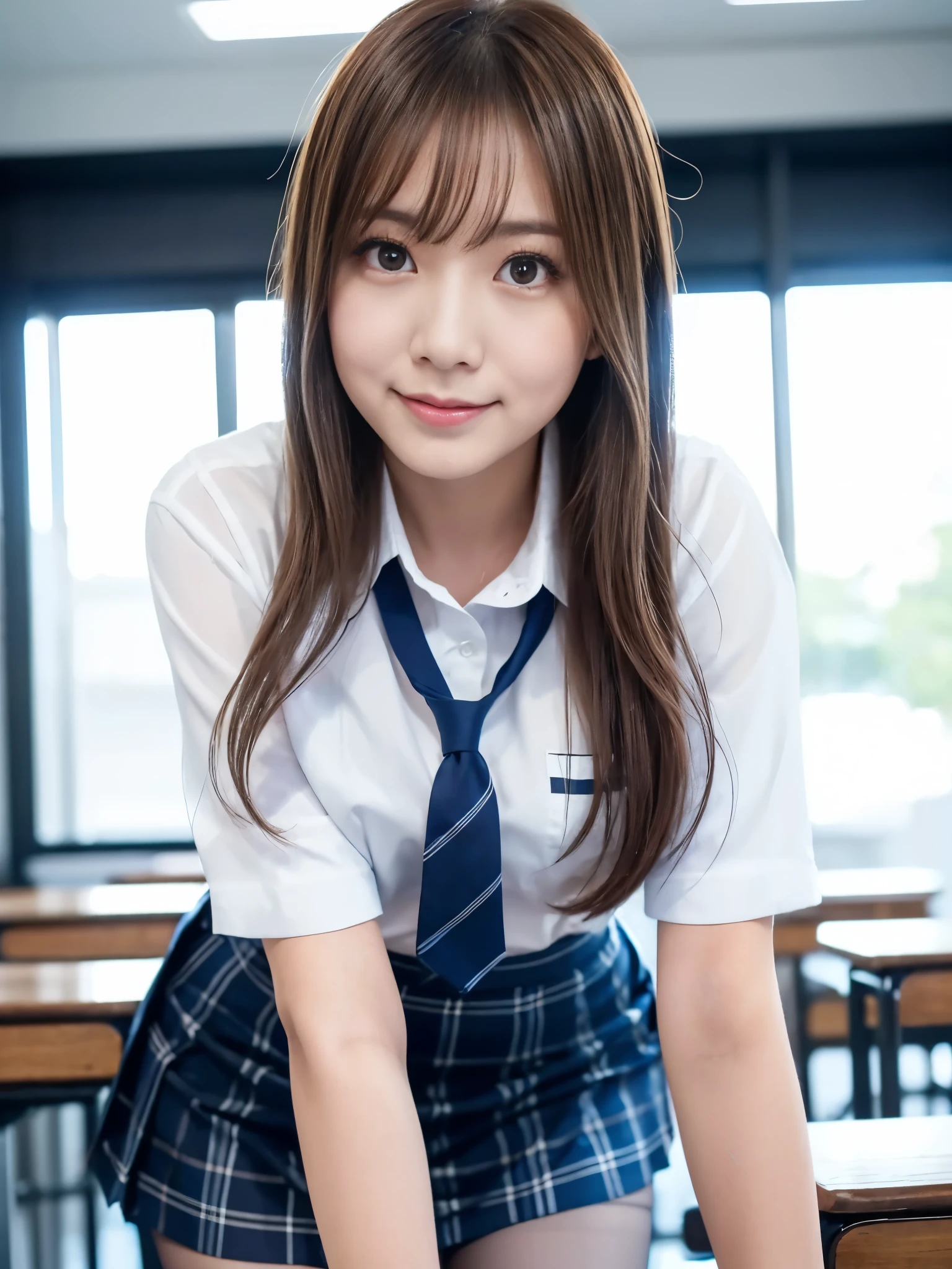 A beautiful Japanese shy girl, age 18 years old, brown big eyes, shiny lip, shiny hair, ecstatic expression, wearing white business shirts, wearing blue plaid mini skirt, wearing black Pantyhose, in school scape, The background is very blurry, light shine in, Leaning forward