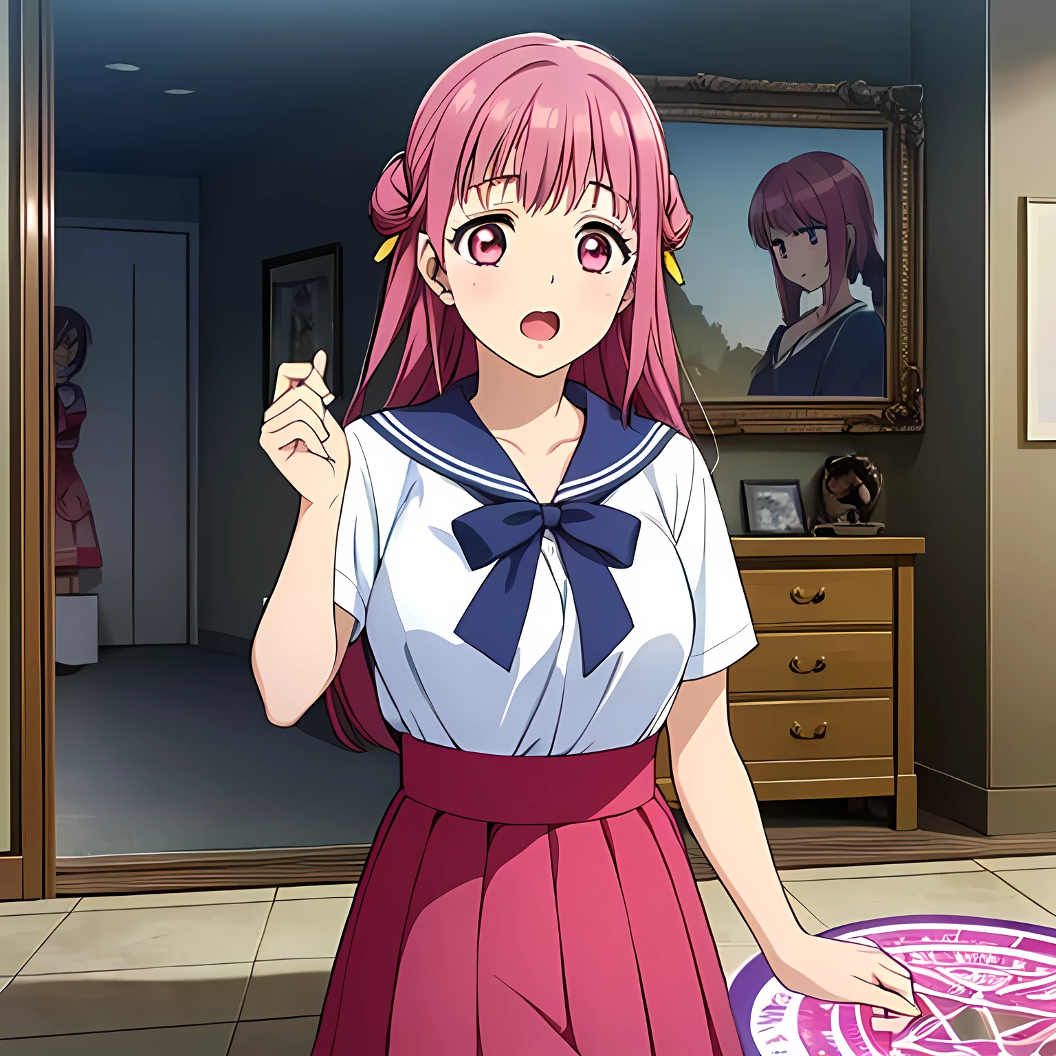 highest quality, (masterpiece:1.2), Very detailed, ((A very beautiful girl casts a strong spell on the viewer in a very pitch-dark room)), ((16 years old)), (((Beautiful long, very shiny peach-colored hair))), She has a big yellow ribbon in her hair., ((Navy blue sailor suit)), ((Navy blue pleated long skirt)), ((((Very beautiful and shining deep pink eyes)))), ((Very long eyelashes)), A large crimson ribbon on the chest, ((An elegant expression like a noble princess)), (((Very surprised expression))), Very good posture, ((Laughing with mouth open)), (((Pitch-dark room))), Black Altar, Black Wall, There are several portraits and bronze statues of beautiful women on display., (((A space for mysteries with a magic circle drawn on it)))