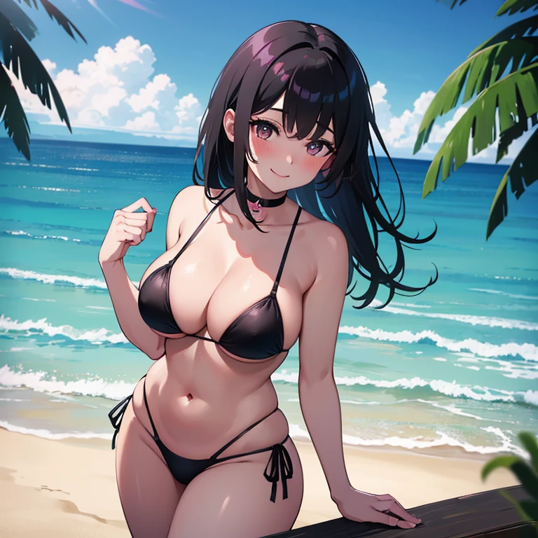 1girl, medium length black hair, black eyes, large , large thick thighs, wearing pink micro bikini, beach paradise, absurdres, high res, ultrasharp, 8K, masterpiece, looking at viewer, smiling, pink choker, blushing