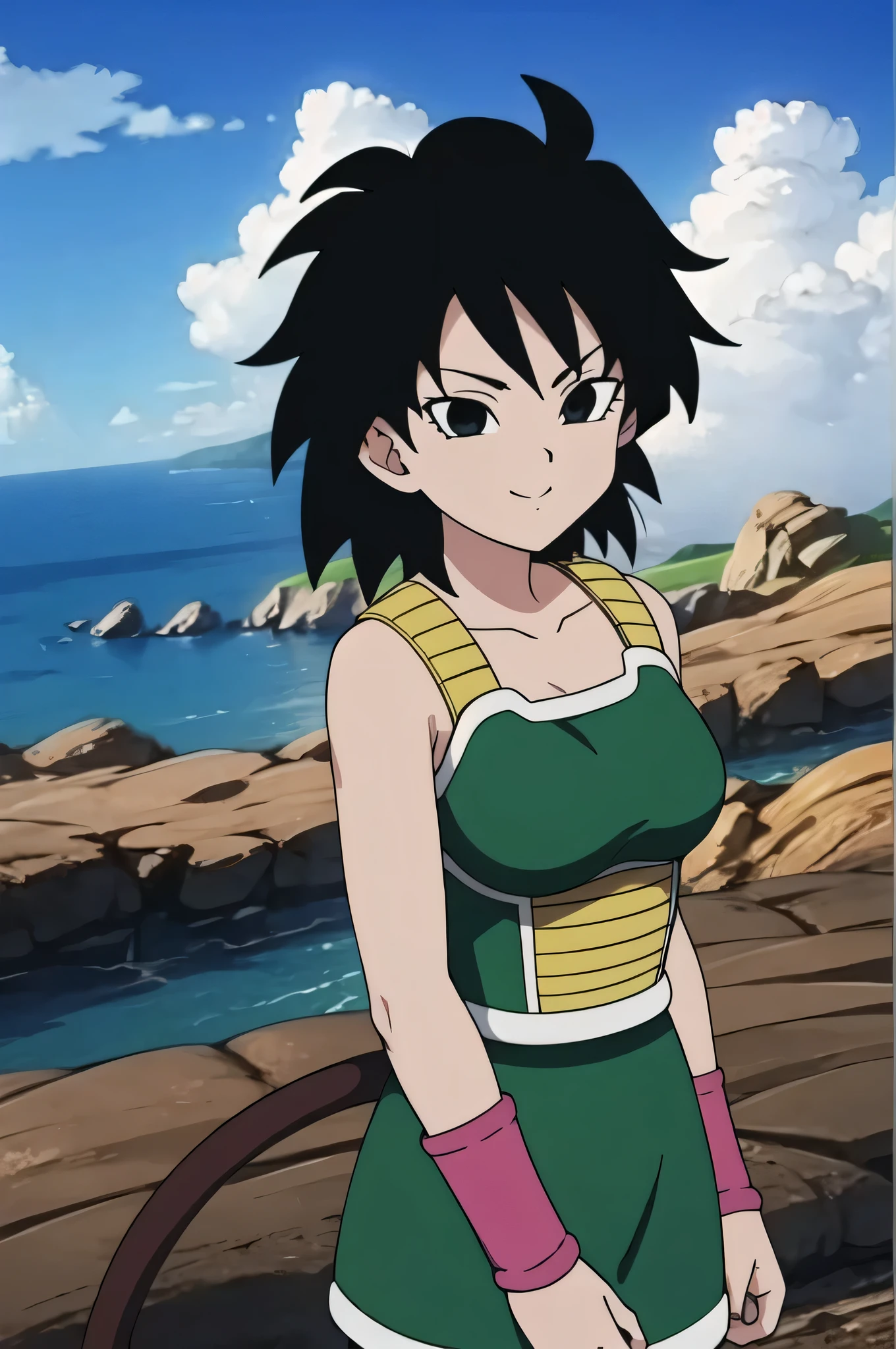 source_anime, score_9,score_8_up, score_7_up, ginedb, anime screencap, 1girl, solo, breasts, looking at viewer, smile, black hair, bare shoulders, medium breasts, closed mouth, standing, upper body, black pantyhose, boots, outdoors, sky, day, cloud, water, black eyes, blue sky, bare arms, depth of field, background, happy, cloudy sky, spiked hair, pink wristband, arm at side, arms at sides, horizon, monkey tail, saiyan armor, green skirt, eyebrows, eyelashes, green saiyan armor, collarbone, cowboy shot