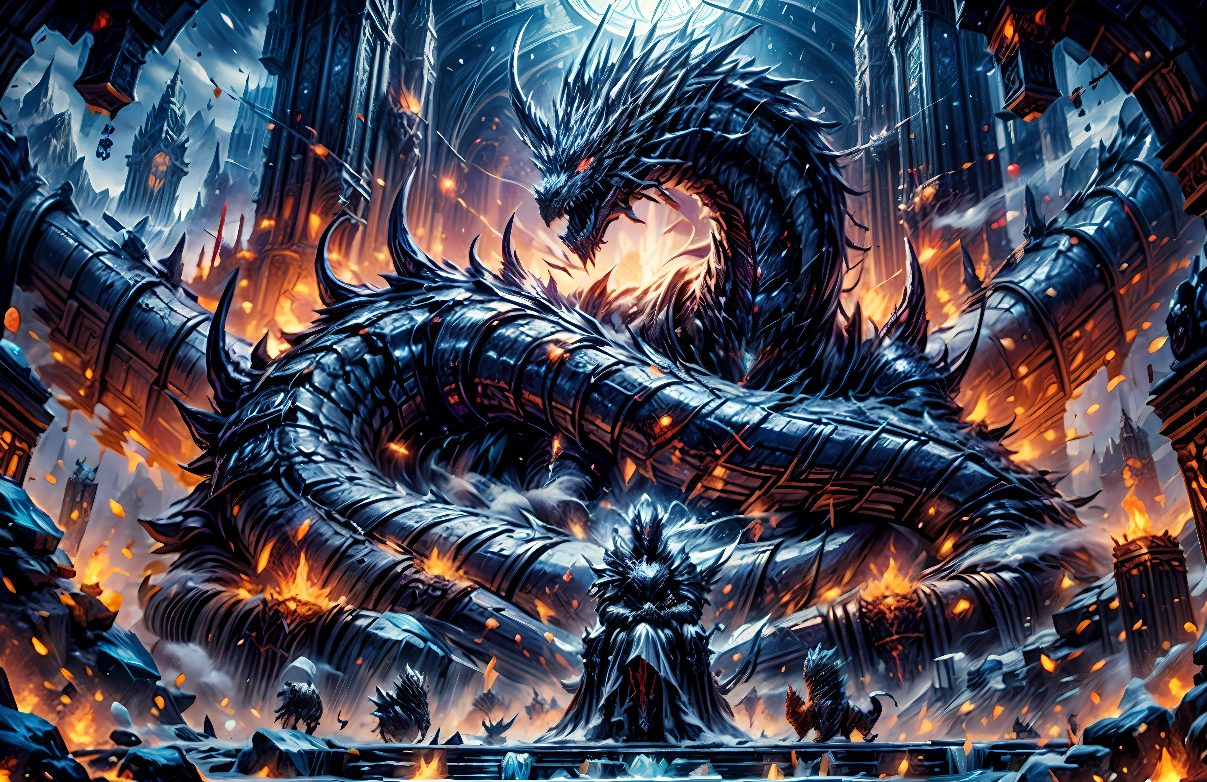 (best quality,4k,high resolution,masterpiece:1.2),wide shot, Ice throne,knight in the ancient armour sitting on the ice throne,armour with runes on it,lich king,blue mist floating in the air,eyes shining blue,the huge glorious bone dragon on the background,skeleton dragon,behind the throne,winter,arctic,polar,fantasy,World of Warcraft