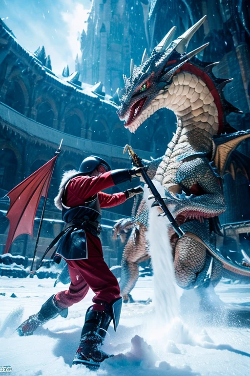 A young knight is fighting a giant dragon that is spitting snowstorms