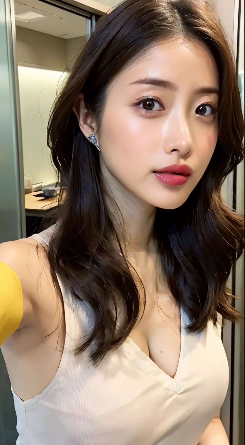 (High resolution:1.3), High resolution, Very detailed, Very detailedな CG Unity 8k 壁紙, Realistic, Photorealistic, RAW Photos, Beautiful and elaborate face, Pale skin, Realistic glowing skin, High-quality fabric, Detailed hair texture, Perfect body, Beautiful Face, Accurate, Anatomically correct, Very detailedな顔と肌の質感, Natural neck length, (Beautiful Hands), (Fair skin:1.2), Thin legs, Thin legs, (satomi ishihara)、(((Big, sparkling lips))) break, Beautiful Eyes, Symmetrical eyes, Light brown eyes, double eyelid, Thin eyebrows, (Glossy Lips:1.4), ((Worried face:1.4)), (blush:1.1), Wet body, break, (Very cute girl:1.3), (Wear a shirt with a large opening at the chest, Slit Skirt:1.2), break, Her large breasts are about to spill out of her shirt:1.5, Cleavage:0.125, (Hard breasts, Shapely breasts, Slim figure:1.1), Toned Abs, (Dark brown hair, Wavy Hair, Medium Long Hair:1.2), ((flowing bangs:1.2)), break, ((Cornered by a wall of glass、Stand in a selfie pose:1.3)), break, ((Stylish large meeting room in the office, At night:1.3)), (Upper Body Shot:1.2), Looking at the audience, From above,
