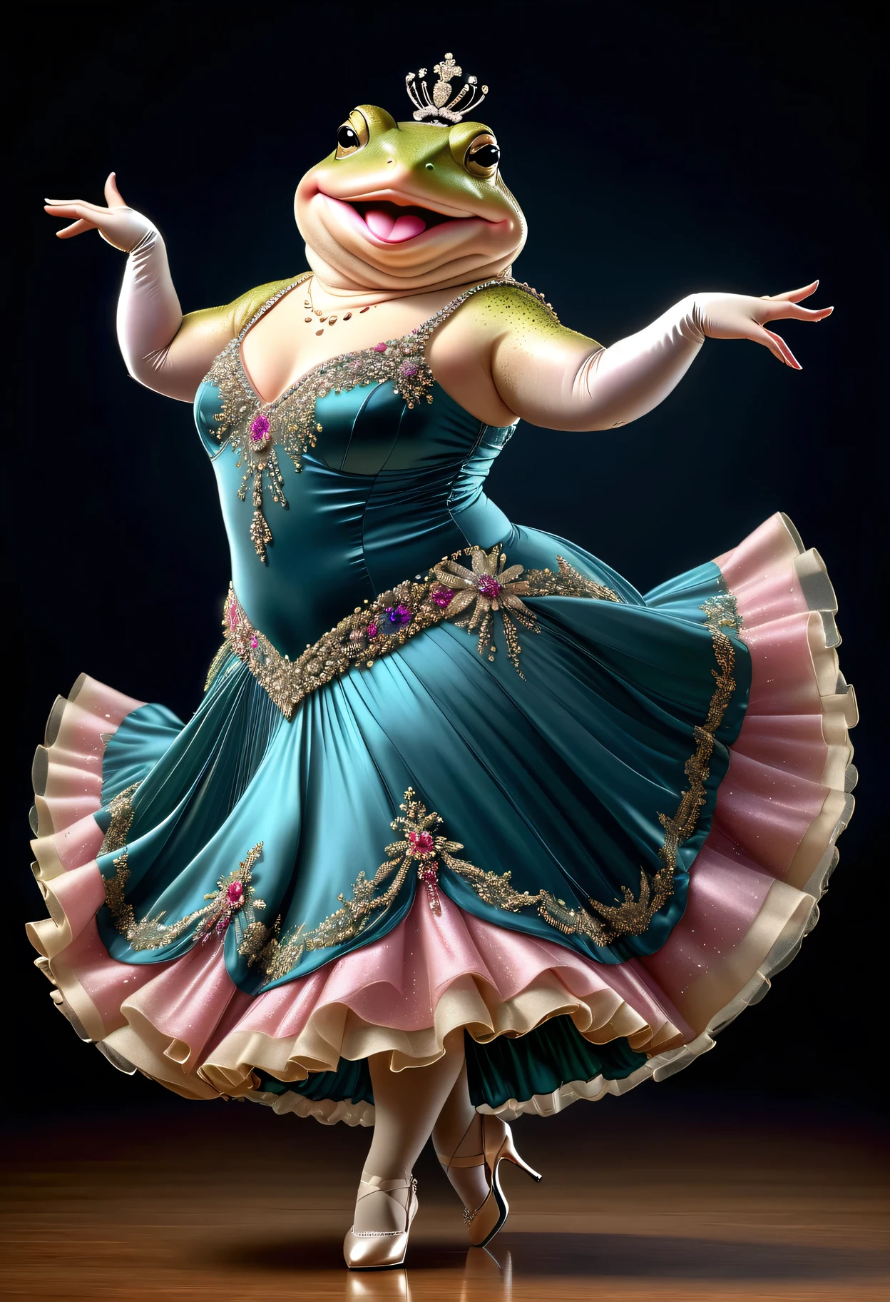 photorealistic portrait of Dressed animals - a ((fat)) ((toad)) Ballroom dancer,(dynamic dancing pose:1.2),(smile),(), high quality,(lovely) ,intricate details, highly detailed (female ballroom dancer's dress )),, highly detailed decorations of dress ,high heels, (happy), studio lighting,(full body image:2.0)