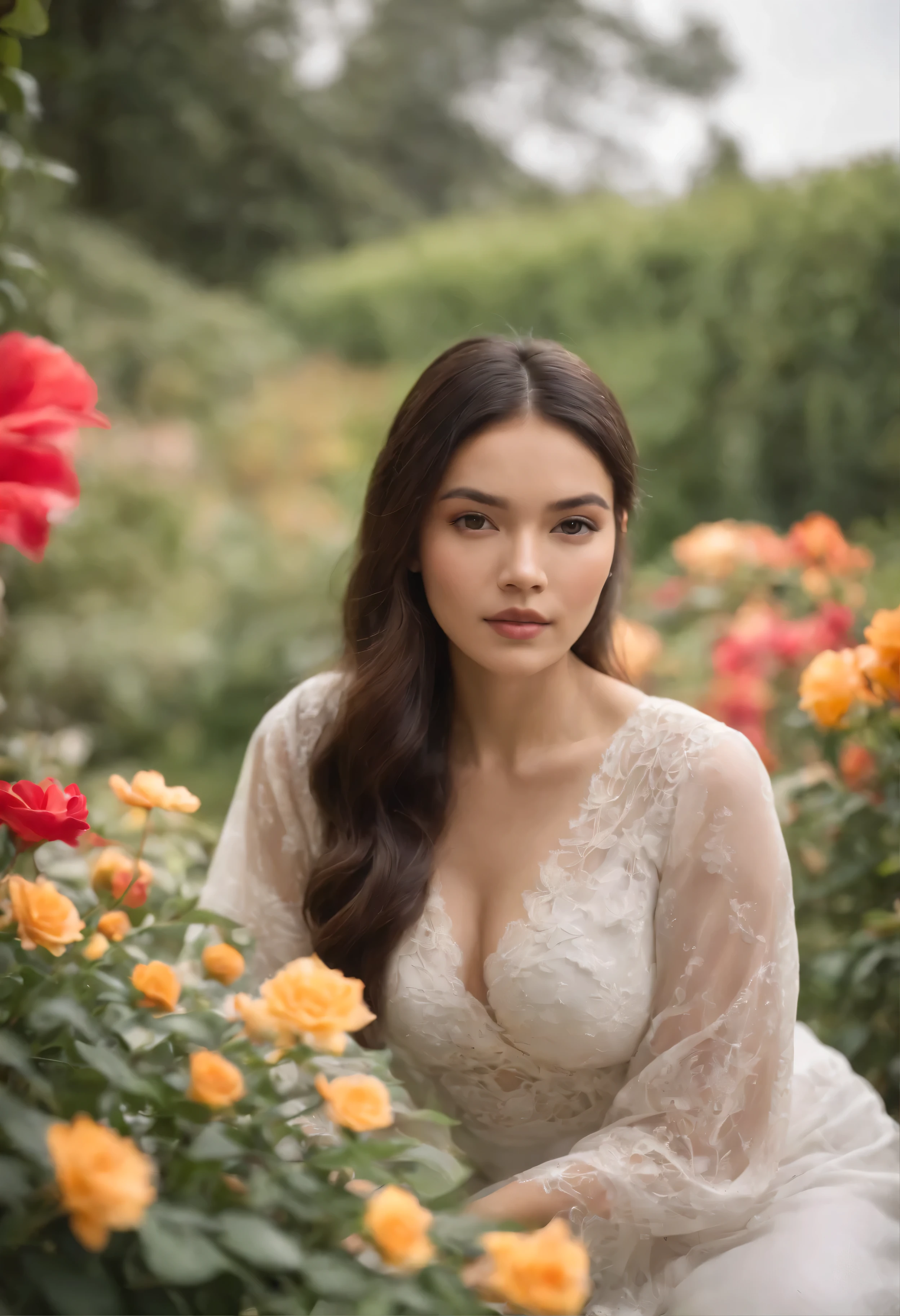uma garota morena Latina, USANDO CALCINHA DE RENDA Transparente, Asian woman in a beautiful flower garden