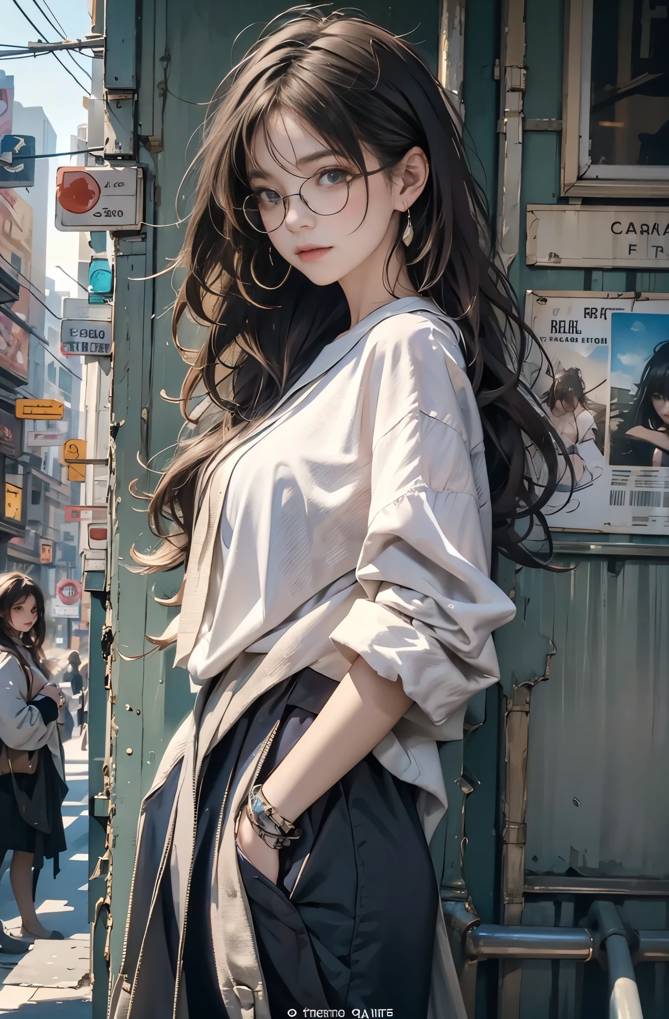 A woman standing on a street corner in a city - SeaArt AI