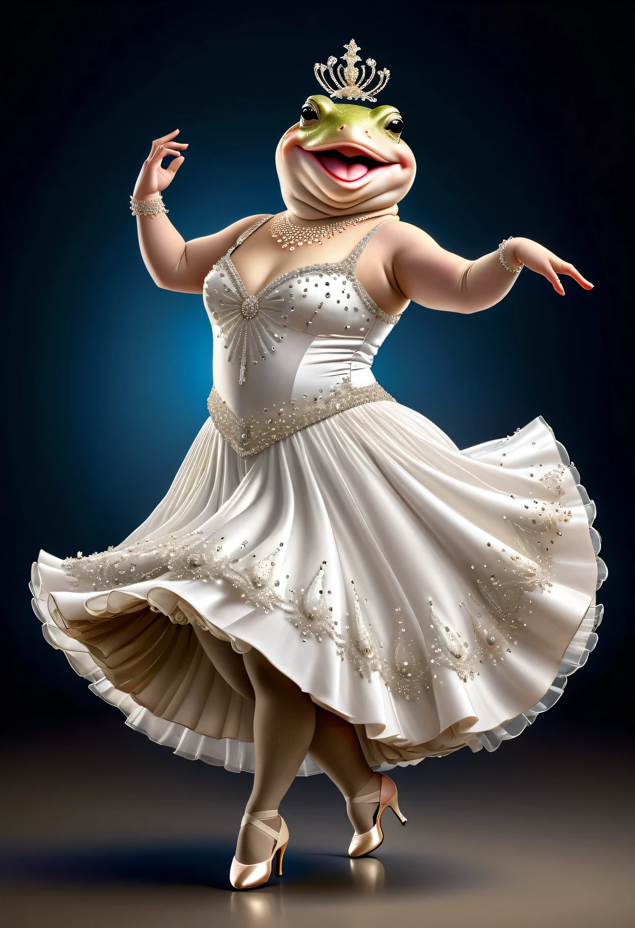 photorealistic portrait of Dressed animals - a ((fat)) ((toad)) Ballroom dancer,(dynamic dancing pose:1.5),(smile),(), high quality,(lovely) ,intricate details, highly detailed (female ballroom dancer's white dress )),, highly detailed decorations of dress ,high heels, (happy), studio lighting,(full body image:2.0)