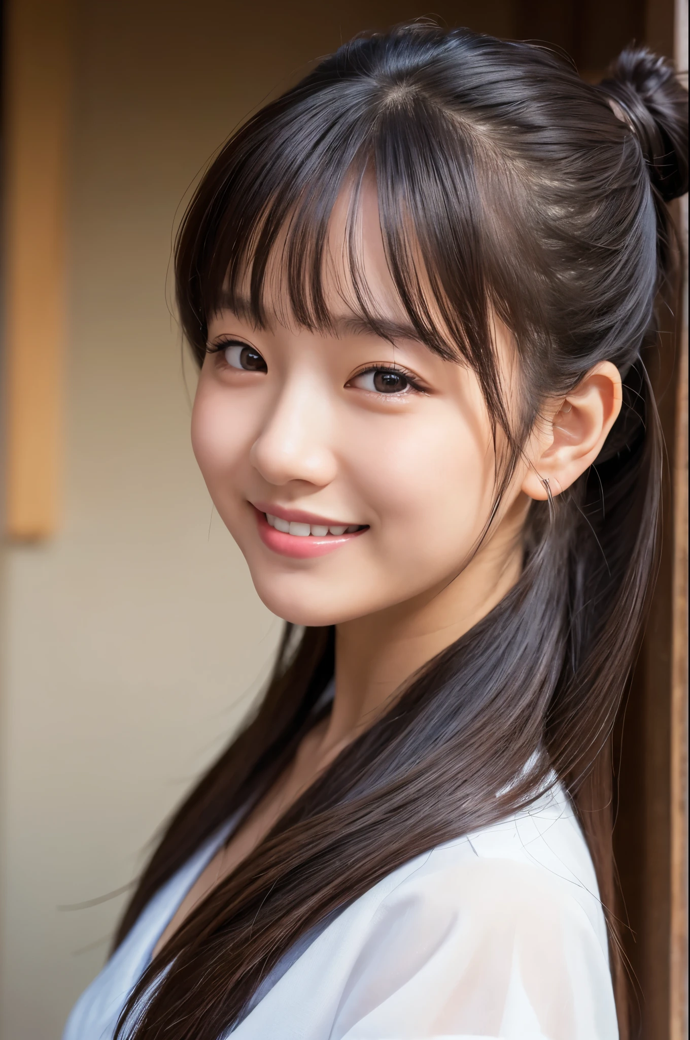 No sleeve, ponytail, Japanese Girls, 8k, Legal Photography, highest quality, masterpiece, Realistic, Photorealistic ultra-detailed, One Girl, cute, The best smile, Beautiful Eyes, Long Hair, Perfect Face,