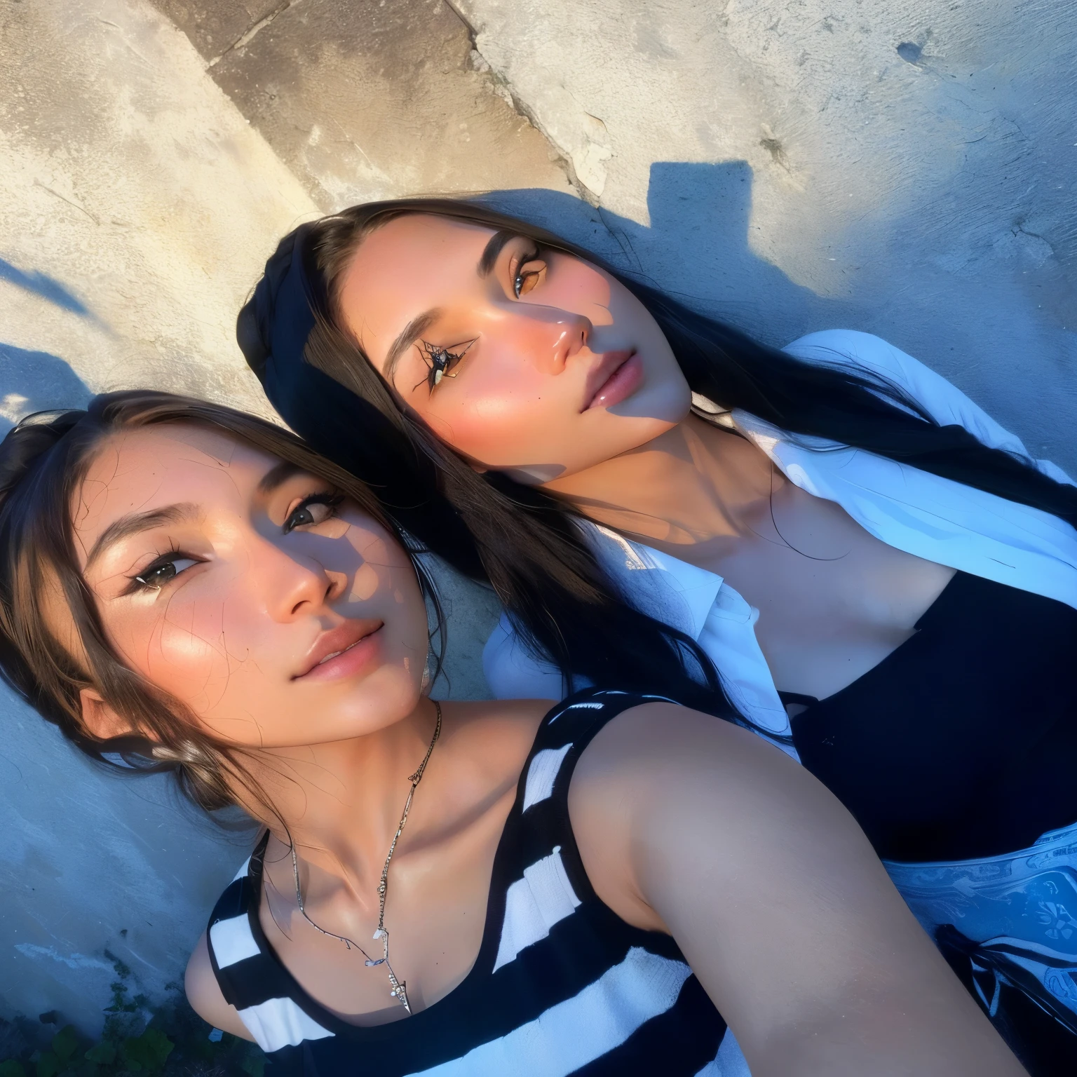 two women standing next to each other near a wall, sisters, with ivy, with a twin, modeling for dulce and gabanna, two girls, gorgeous faces, with sunset, selfie shot straight on angle, beautiful faces, shot with iphone 1 0, 8k selfie photograph, nice afternoon lighting, with black, looking up at camera, ruan jia and brom,anime girl
