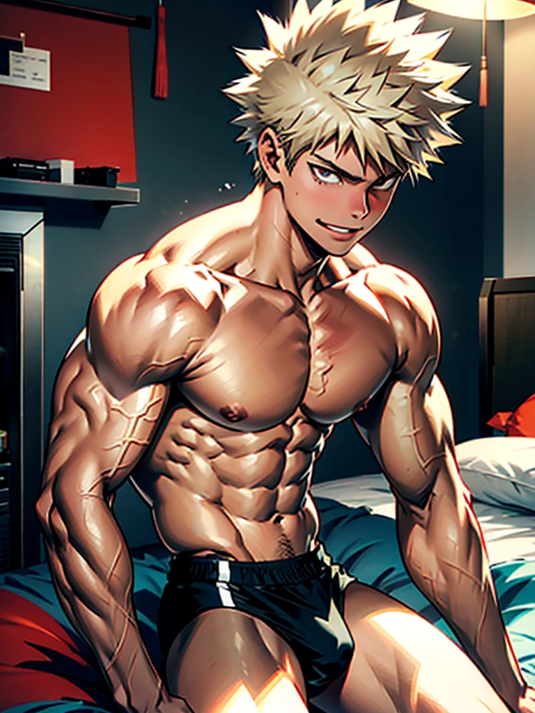 Obra maestra, mejor calidad, Obra maestra, calidad divina, arte divino, cara muy detallada, cuerpo completo, muy realista, acostado, torso desnudo, entre sabanas, piernas desnudas,, viendo a la camara, sexi, 1man, muscular man, rubio, Bakugo Katsuki, boku no hero, ojos rojizos, sonrisa burlona, lengua de fuera, torso desnudo, cama,