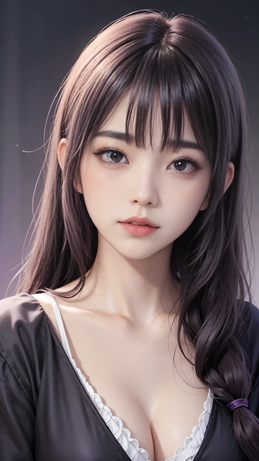 background(Black Night Sky,Big Moon),Woman close up,Wearing a white shirt、Purple Hair,Very long hair,very thick braids,Purple eyes,big , realistic girl rendering, 8k artistic german bokeh, Enchanting girl, Realistic girl, Gurwitz, Gurwitz-style artwork, Girl Roleplay, Realistic 3D style, cgstation Popular Topics,, 8K Portrait Rendering,(Faithfulness,Faithfulness:1.4),Wear pink pajamas,巨big ,Sparkling eyes,Purple eyes