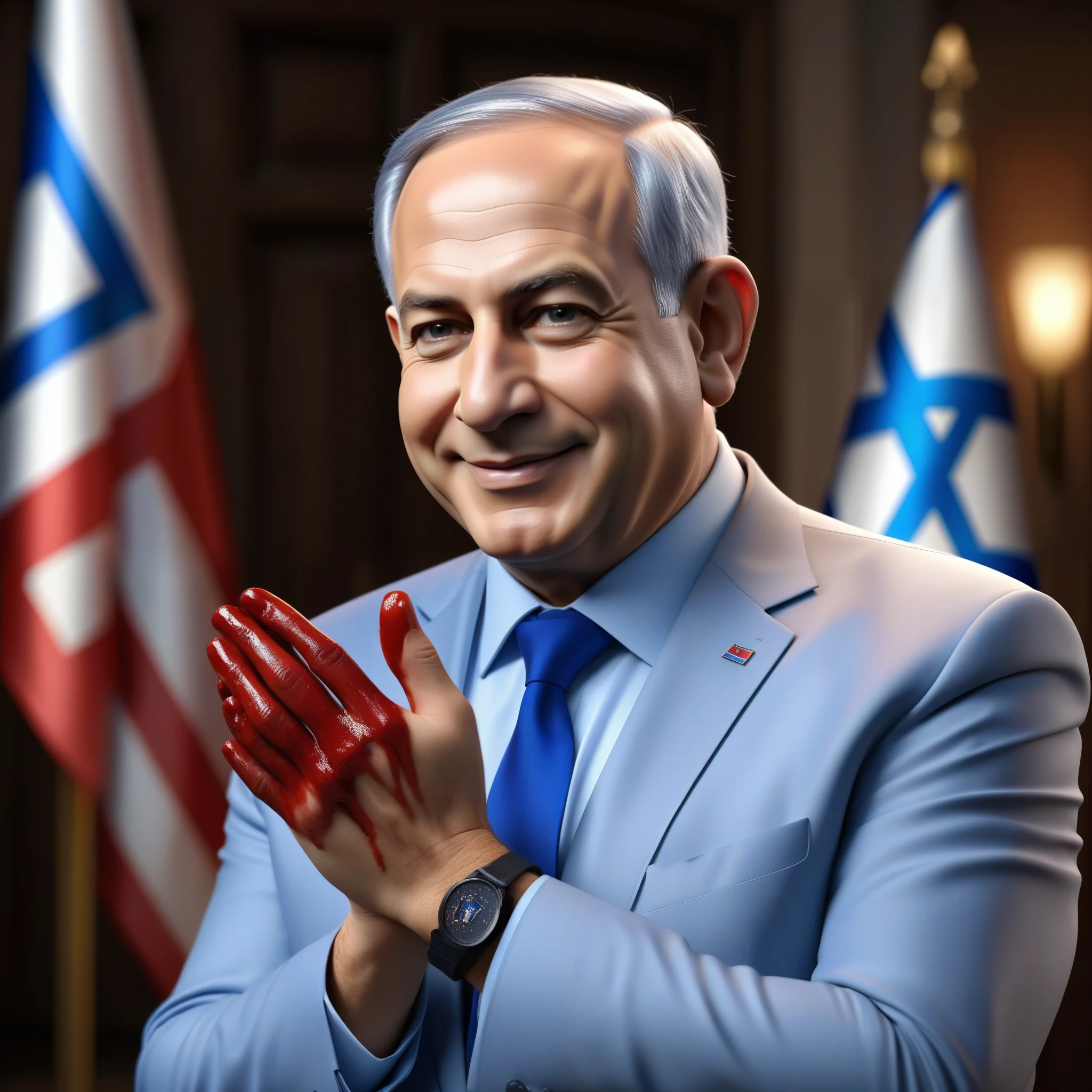 (masterpiece:1.2) (photorealistic:1.2) (bokeh) (best quality) (detailed skin) (intricate details) (8k) (high poly) (ray tracing) (cinematic lighting) (sharp focus),( full body:1.2),  (half body:1.2) The truth of clean smiling Benjamin Netanyahu (trying to wipe blood from his hands:1.4), (malevolence:1.2) Israel flags