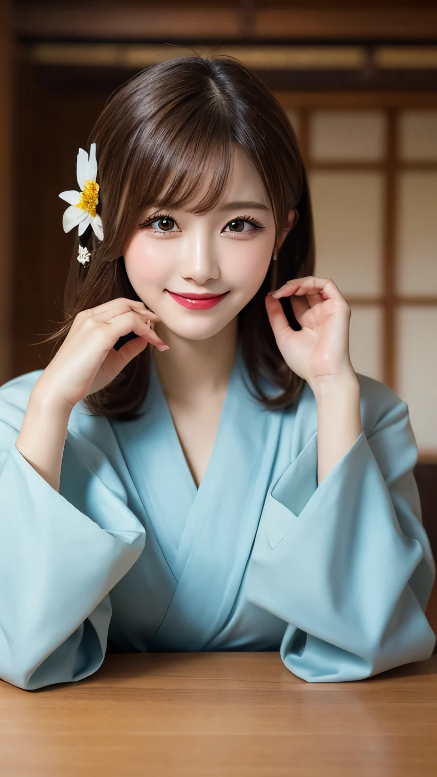 Tabletop, highest quality, shape, Very detailed, In detail, High resolution, 8k wallpaper, Perfect dynamic composition, Beautiful details, kimono,Medium Hair, Center of chest, Natural color lip, Random sexy poses,smile,shrine,Flower Hair Ornaments,cute,smile,Looking at the camera,
