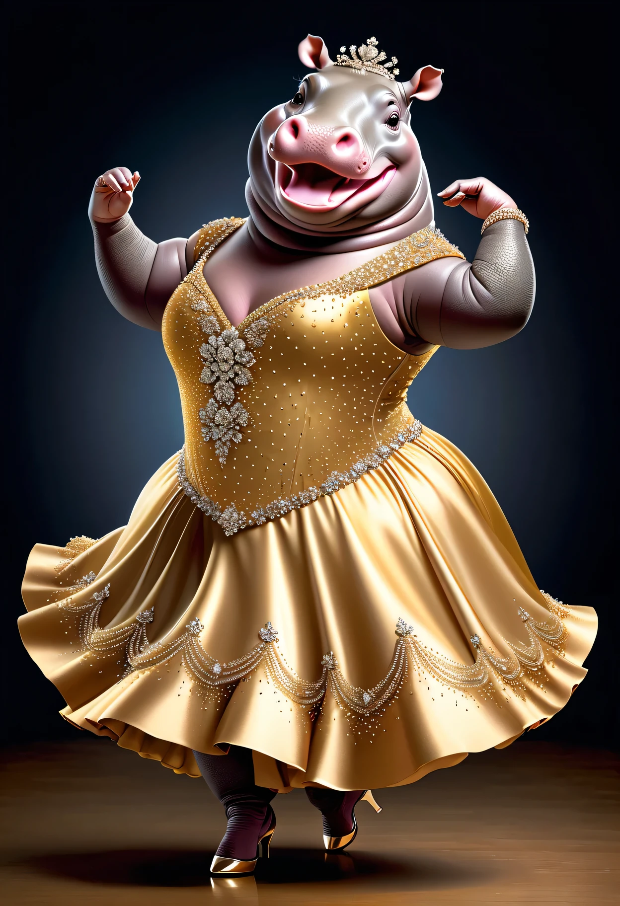 photorealistic portrait of Dressed animals - a ((fat)) ((hippo)) Ballroom dancer,(dynamic dancing pose:1.5),(smile),(), high quality,(lovely) ,intricate details, highly detailed (female ballroom dancer's gold dress )),, highly detailed decorations of dress ,high heels, (happy), studio lighting,(full body image:2.0)