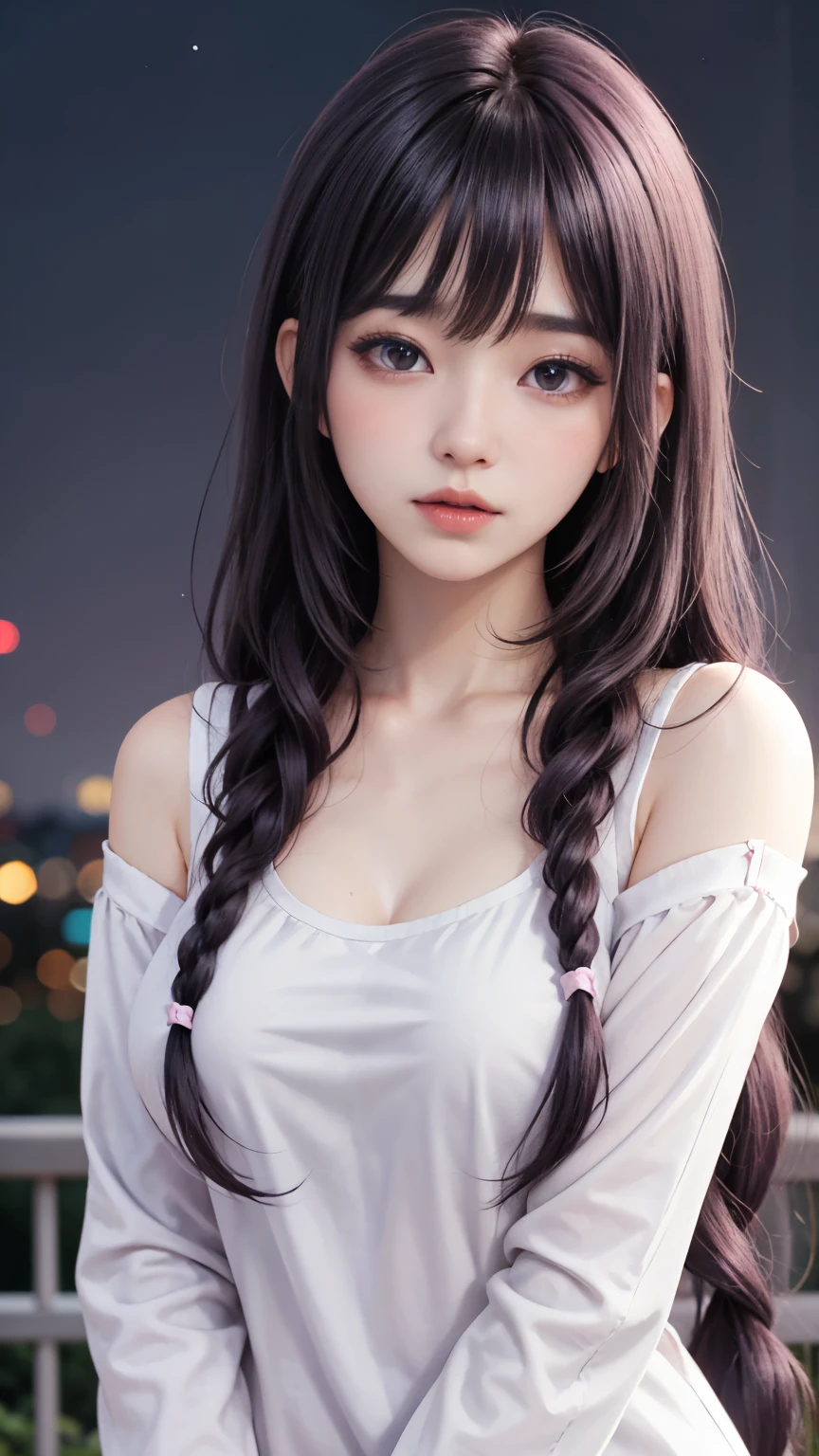 background（Black Night Sky，Big Moon），Woman close up，Wearing a white shirt、Purple Hair，Very long hair，very thick braids，Purple eyes，big ， realistic girl rendering, 8k artistic german bokeh, Enchanting girl, Realistic girl, Gurwitz, Gurwitz-style artwork, Girl Roleplay, Realistic 3D style, cgstation Popular Topics,, 8K Portrait Rendering,（Faithfulness，Faithfulness：1.4），Wear pink pajamas，巨big ，Sparkling eyes，Purple eyes