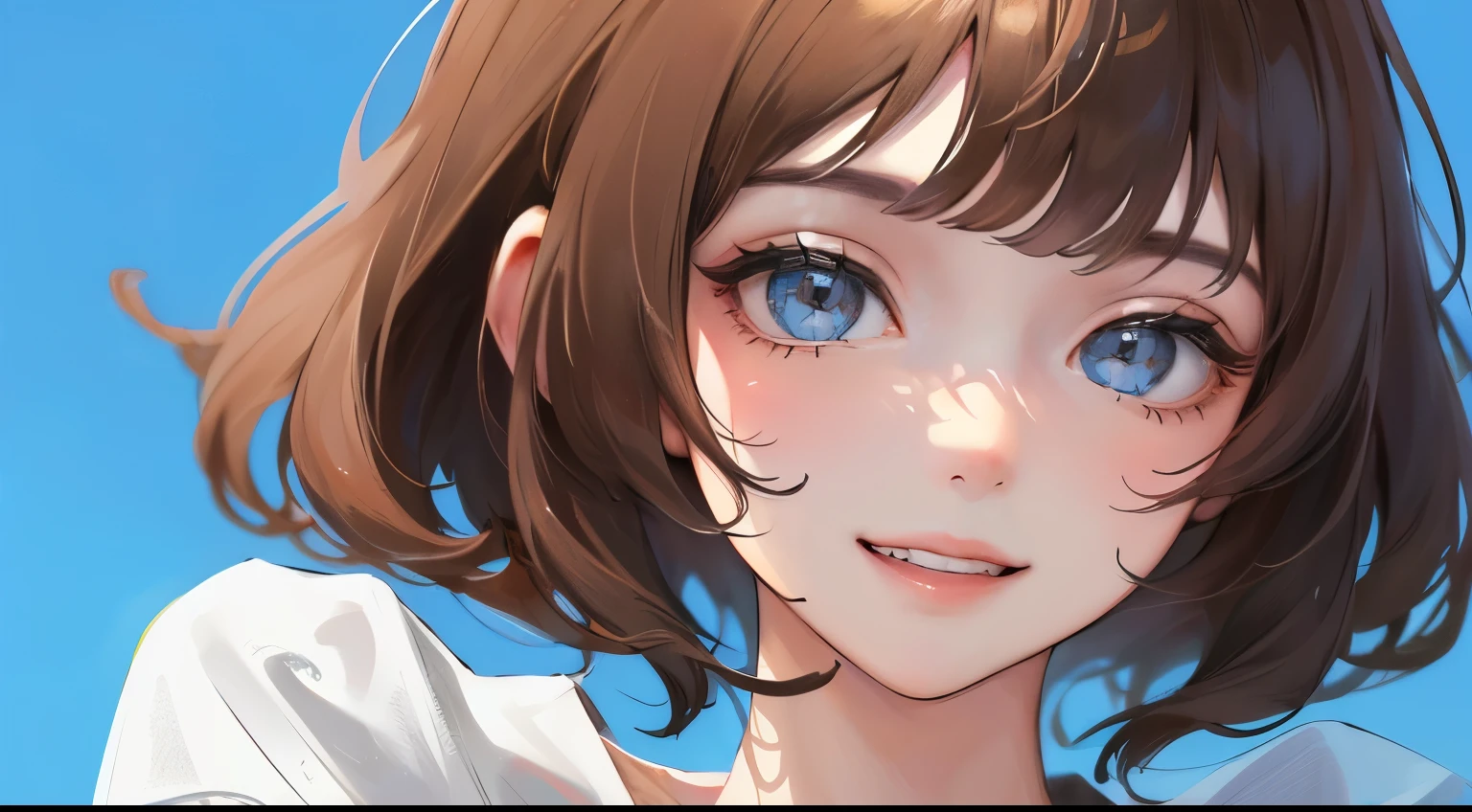 ((()))、(((1 personの少女)))、((1 person)),Masterpiece,best quality, ((Mischievous smile))), ,((T-Shirts))、((Blue sky background))、determined expression, Upper body diagram、 (Highest Resolution、Clear_image)、Best Quality、Light and shadow contrast、((illumination))、Very detailed、Semi-realistic、Short Hairstyle、Brown Hair、bangs、19 years old、　Lady,,young、((View from top))、Delicate Facial Features