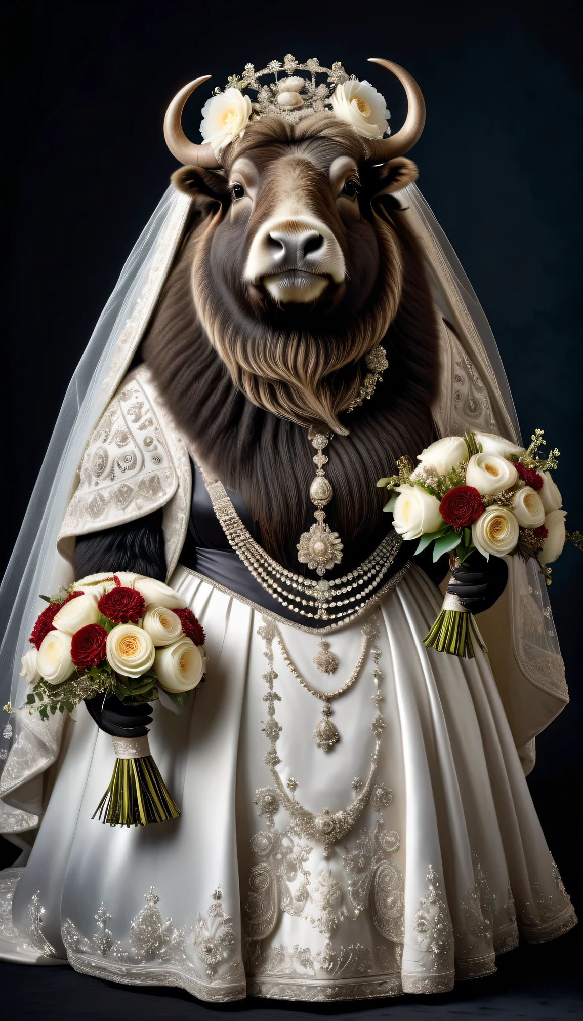 photorealistic portrait of Dressed animals - a ((fat)) musk ox bride,(elegant pose),(closed mouth),(furry), high quality,(lovely) ,intricate details, highly detailed (gothic  wedding dress)),wearing opera globes ,wearing highly detailed veil, highly detailed decorations ,holding flower bouquet, (happy), studio lighting,(full body image:2.0)