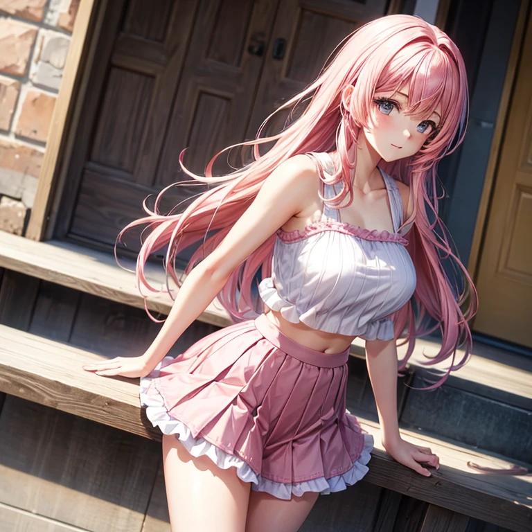 Girl, wearing a short pleated skirt, frilly tank top, large breasts, , pink hair, long hair, large but