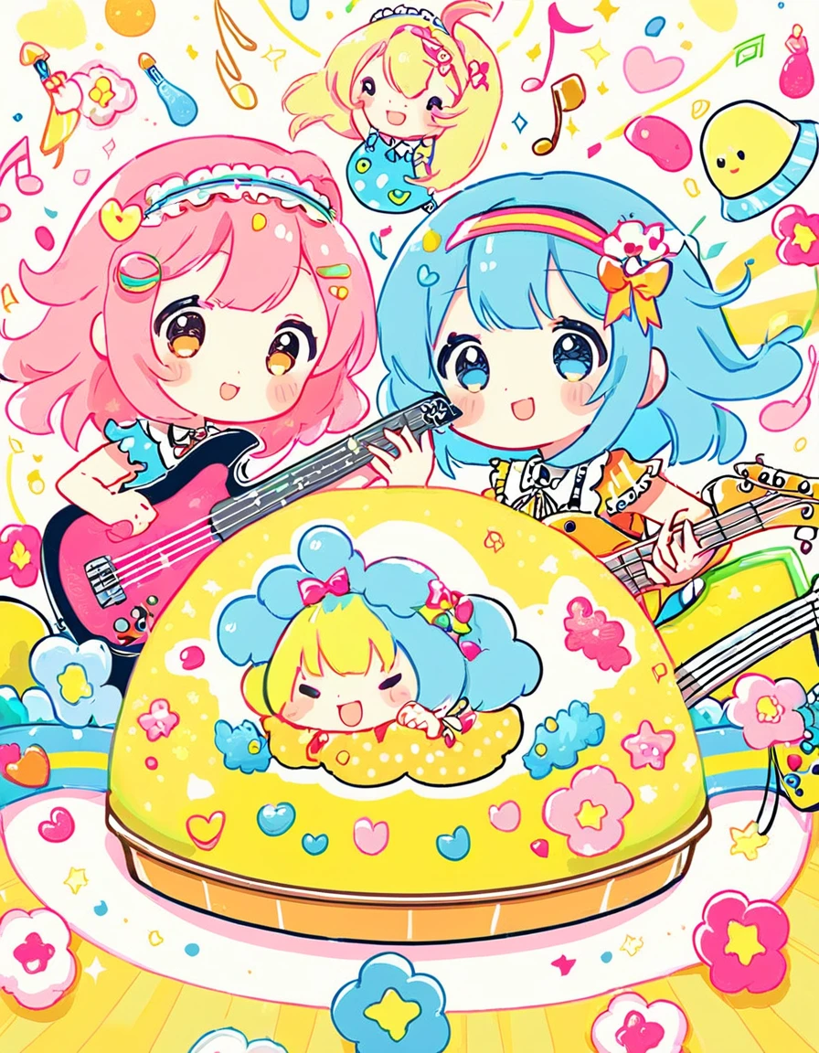 Doodle Art Style, Adorable Kawaii, The “Girls Funk Band” conjures up an image of an energetic and colorful stage. Girls dressed in vivid costumes sway to the rhythmic bass lines. pretty, cute, adorable, kawaii, drawing, freeform, swirling patterns, doodle art style