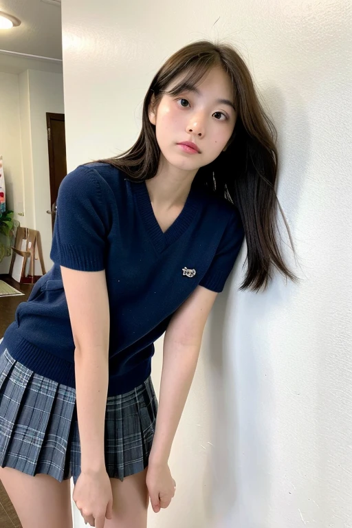 Real, Best Quality, Girl, High Girl, High Resolution, Natural Skin, Portrait, Looking at Camera, Photo_Light, {{}}, Ulzzang-6500-v1.1:0.8 Facing forward, standing upright, no make-up, in front of an inorganic white wall indoors, , wide eyes, very short dark blue socks.