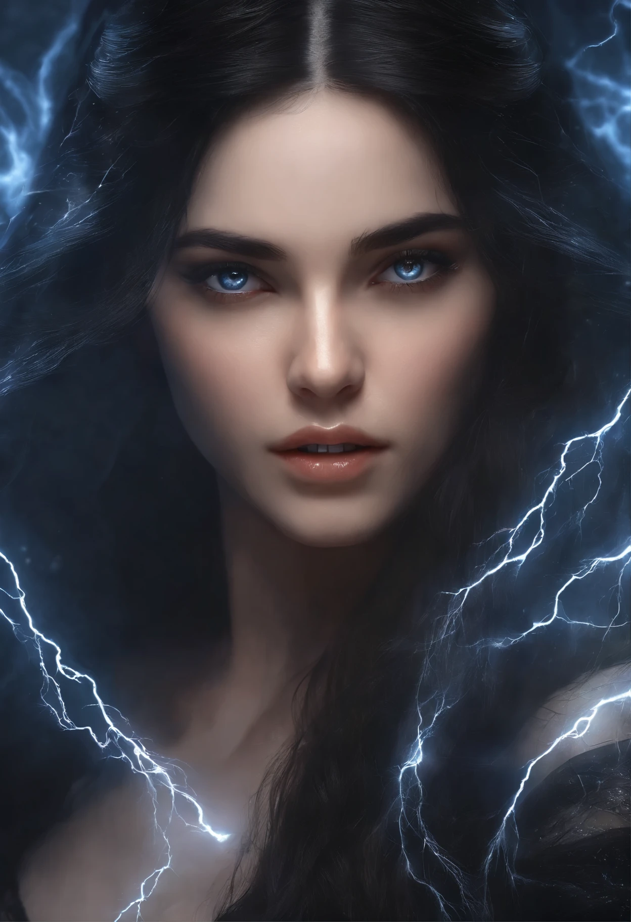 (best quality), (masterpiece), (Reality), Girl&#39;s upper body close-up, 1 girl, Black Hair, Long hair, White Veil, Lightning dendrites, Delicate eyes, beautiful facial features, Surrounded by flames, Game CG, Ultra Detailed