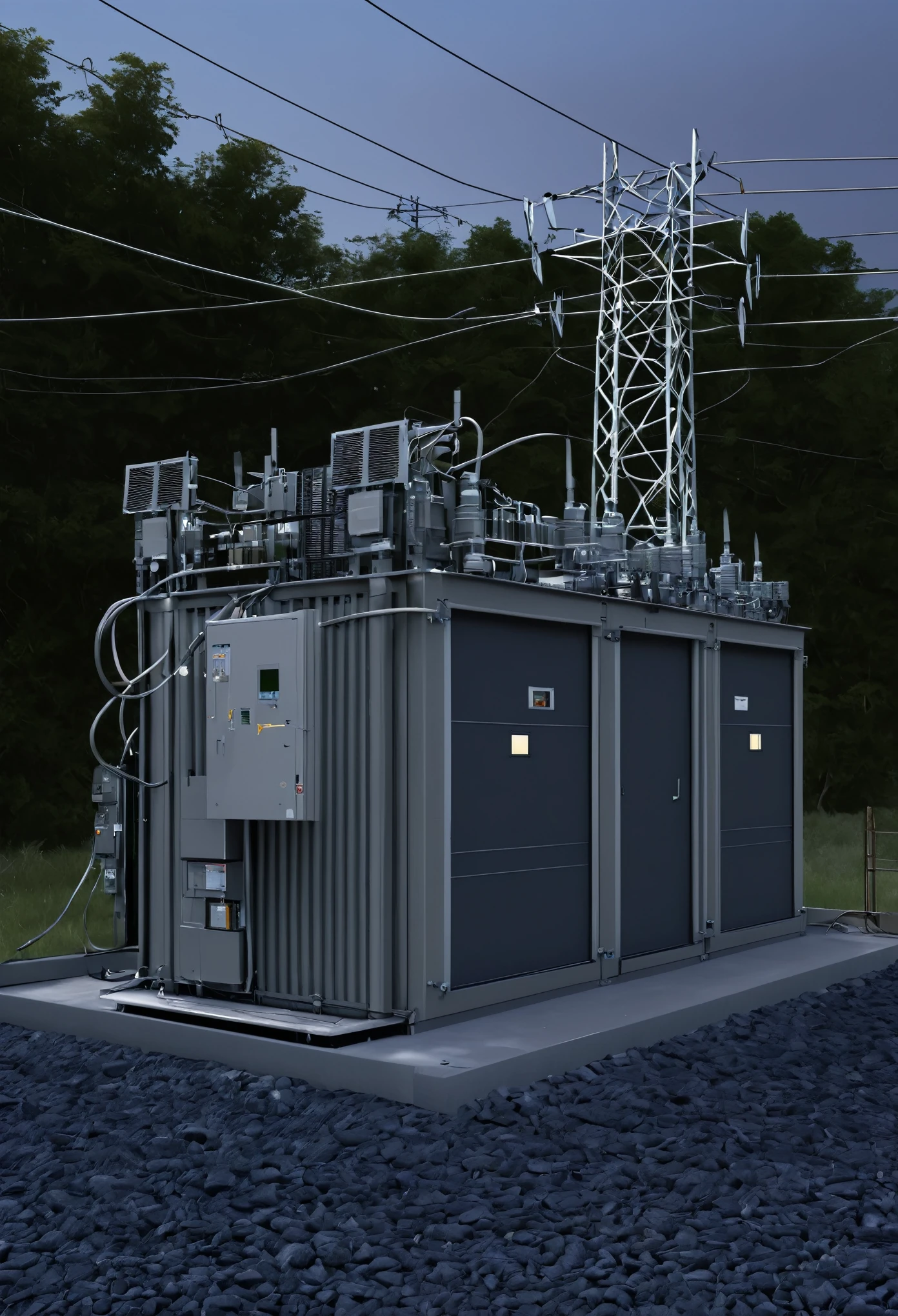 A hyper-realistic image of an outdoor electrical substation closely resembling the original, focusing on photo-realism. It prominently features one T2 transformer undergoing maintenance on the right, while a mobile substation on a truck temporarily replaces it. Technical personnel are actively working on the provisional connections. Add artificial lighting to highlight circuit breakers and insulators, and overlay diagrams to illustrate the electricity flow and connections between the components. The background should have hilly terrain and vegetation, reflecting the original setting.