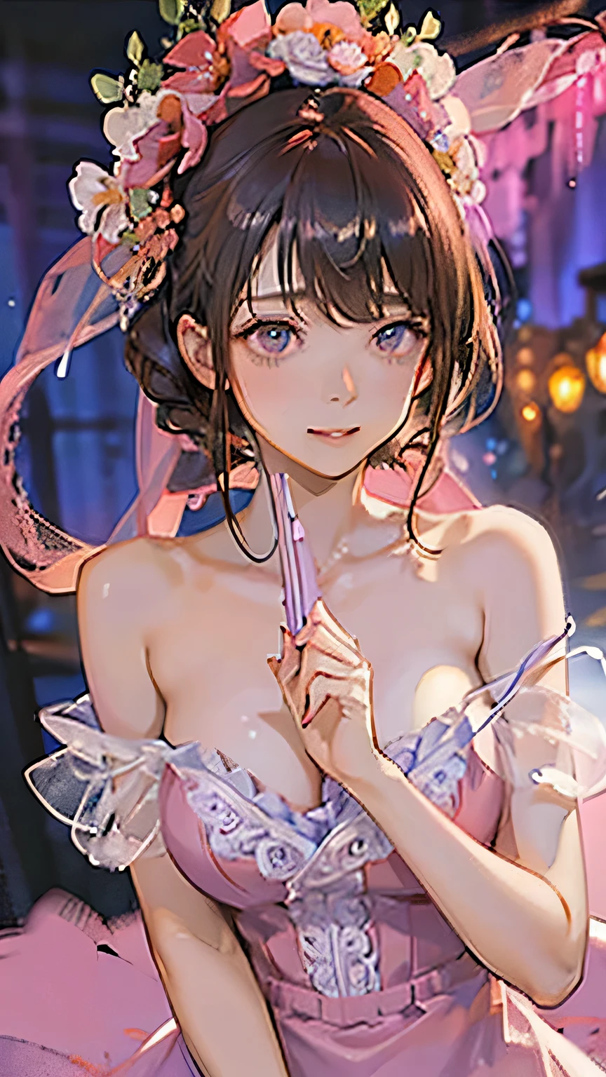 (highest quality, High resolution), Glowing Eyes, Delicate facial features, Vibrant colors, Dreamy atmosphere, Fantasy Theme, Floral Background, Graceful Movement, Magic lighting, Mysterious Aura, Heavenly Beauty, Magic thread, Whimsical elements,Big Breasts、Pink Lingerie、sexy、Pink lingerie with detailed embroidery