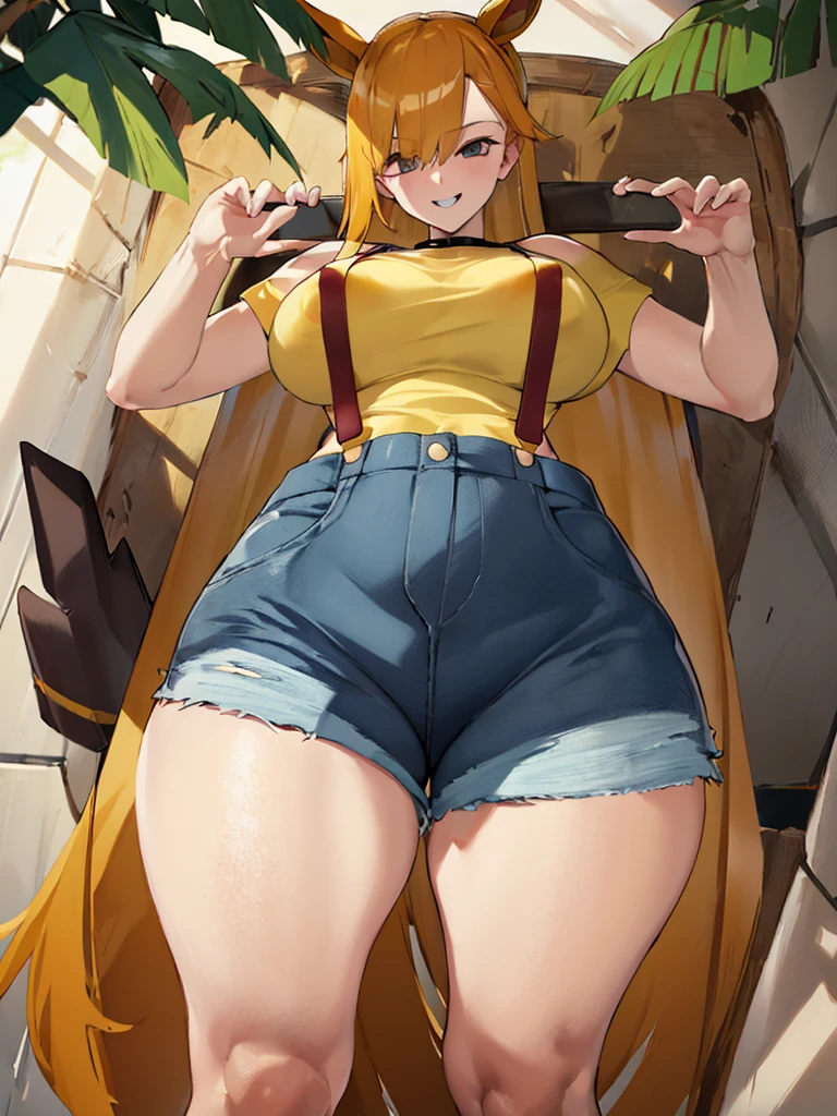 ((obra de arte,melhor qualidade)), absurdos, enevoado_Pokémon, top amarelo, suspenders, rabo de cavalo lateral, cabelo laranja, shorts jeans, Sozinho, sorridente, olhando para o espectador, tiro de vaqueiro, Film composition, contrapposto, praia tropical,