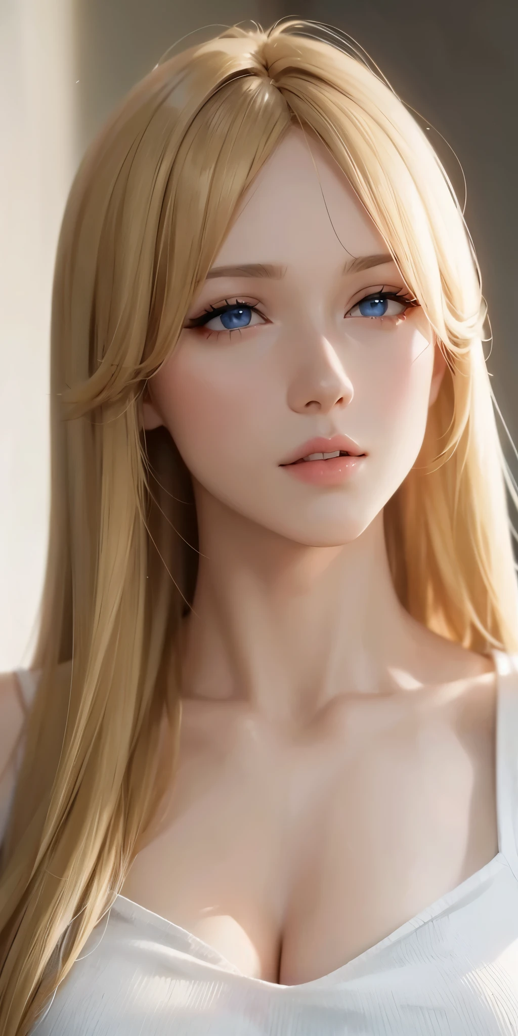 Elegant adult woman, long neck, long blonde hair, bang, sleeveless clothes, cleavage, soft light, high quality, 4k resolution