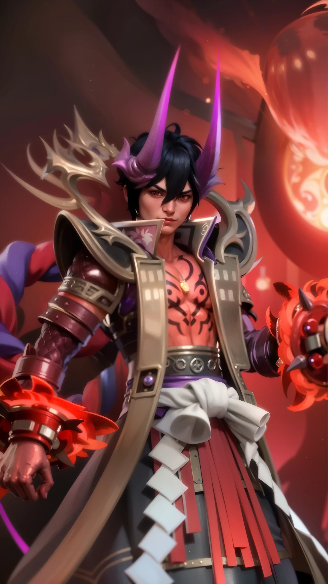 boy with purple hair and red shirt holding a purple ball, Masterpiece, ultra HD, detailed all picture, a close up of a devil, dyrroth from mobile legend, evil, extremely detailed artgerm, mobile legends character, inspired by Dyrroth, Six pack chest and abs, black jewel above the chest, red eyes, glare.