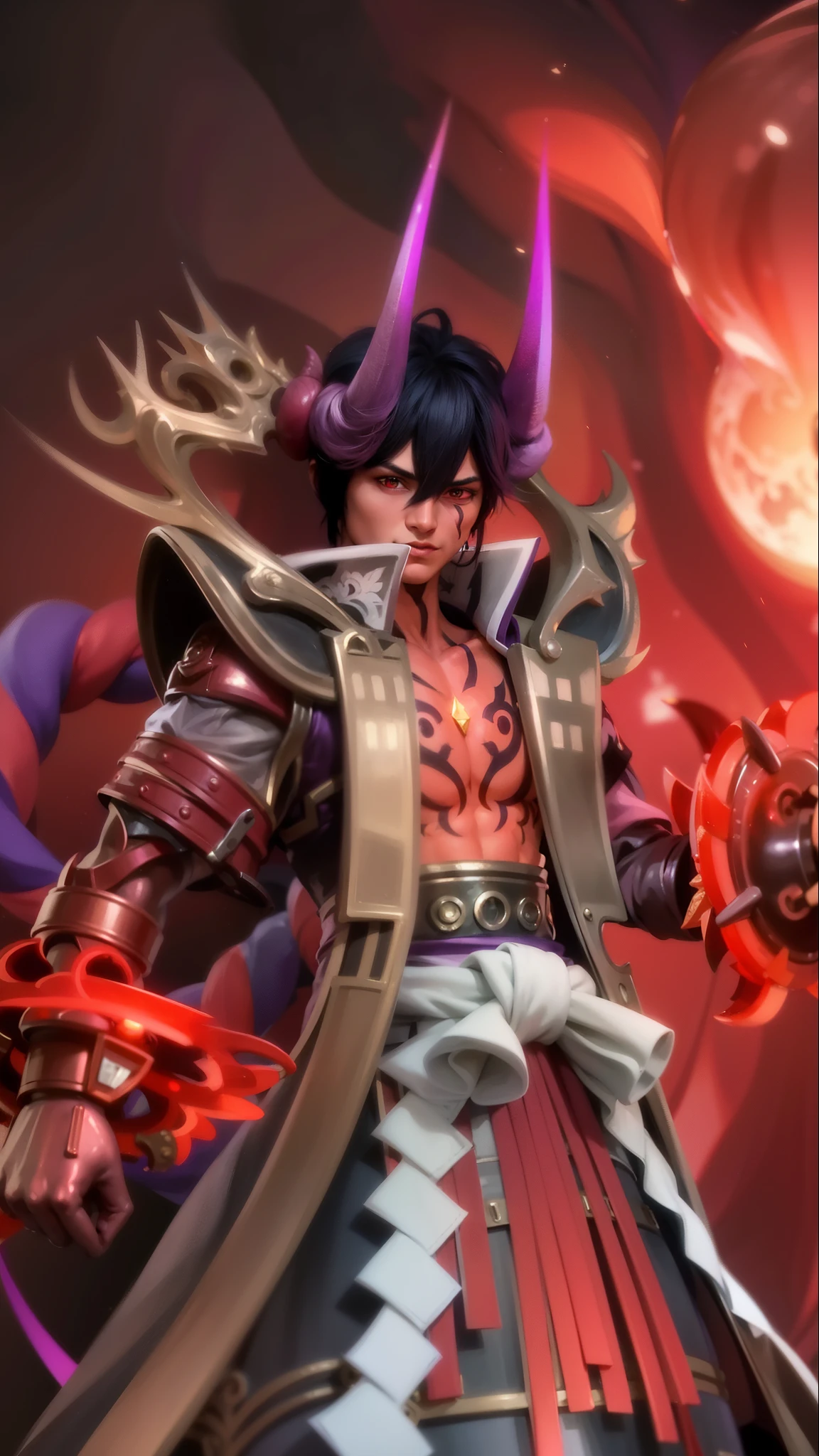 boy with purple hair and red shirt holding a purple ball, Masterpiece, ultra HD, detailed all picture, a close up of a devil, dyrroth from mobile legend, evil, extremely detailed artgerm, mobile legends character, inspired by Dyrroth, Six pack chest and abs, black jewel above the chest, red eyes, glare.