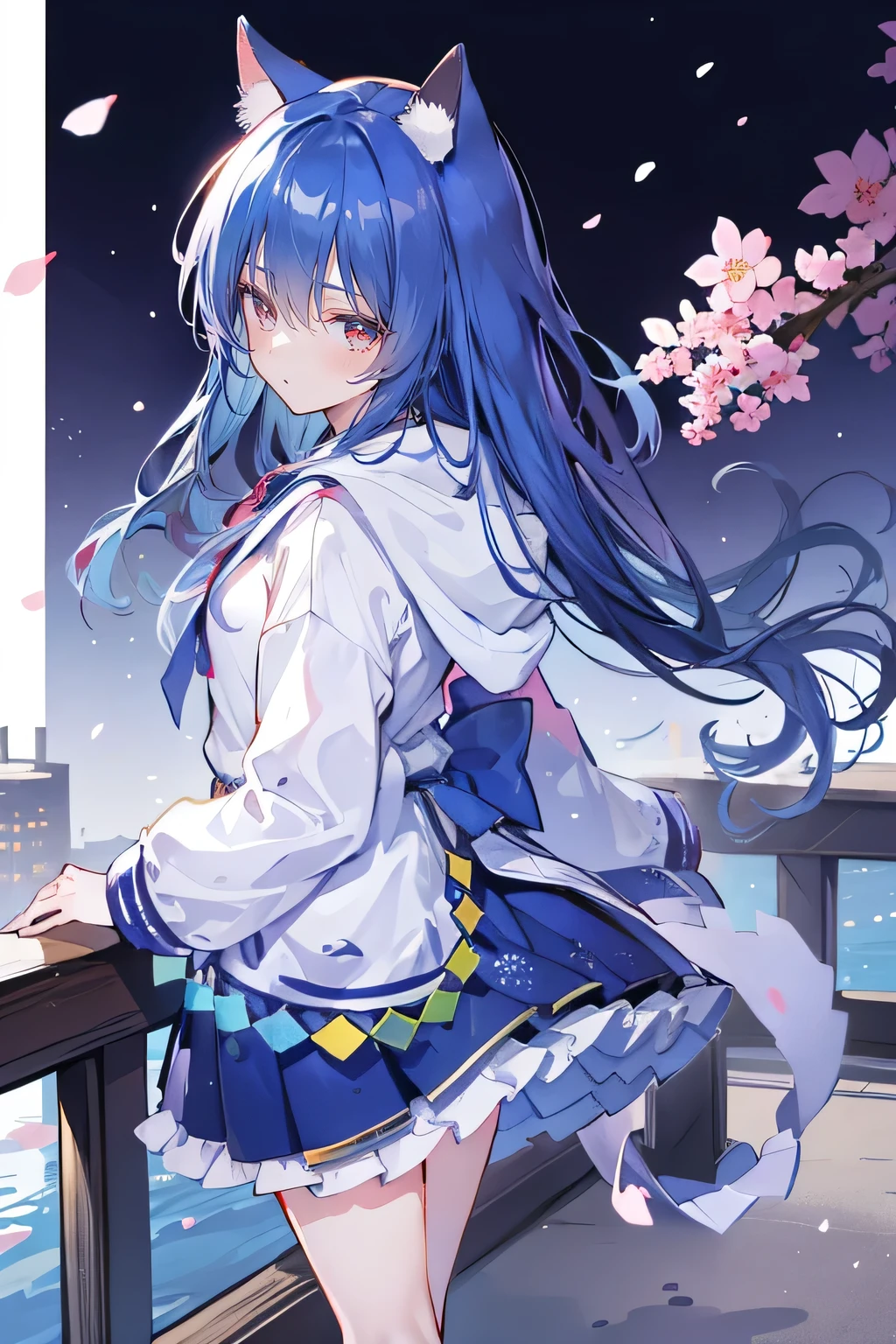 (masterpiece:1.2),Super detailed,lifelike,Expressive eyes,fair skin,perfect face shape,1 girl,
Japanese comics,Gorgeous blue hair,flowing blue hair,flowing clothes,Cat ears,Petals fall,beautiful lola,Baby Angel,sunrise,
Shaking head with one hand,Cross your legs,Gentle and peaceful background,The pavilion is cool and comfortable,smile, wearing hoodie, background of tokyo,back views,snowing, winter.