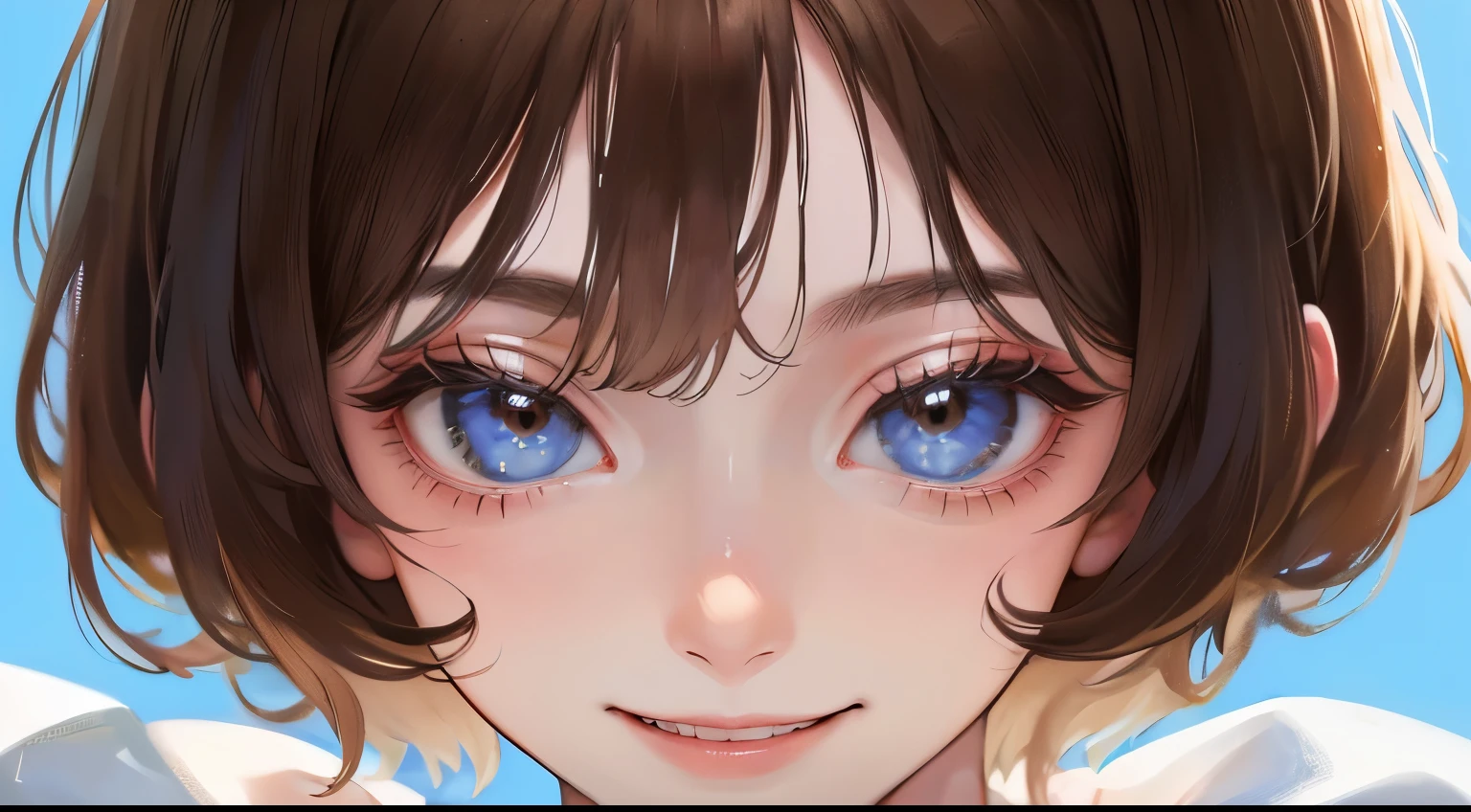 ((()))、(((1 personの少女)))、((1 person)),Masterpiece,best quality, ((Mischievous smile))), ,((T-Shirts))、((Blue sky background))、determined expression, Upper body diagram、 (Highest Resolution、Clear_image)、Best Quality、Light and shadow contrast、((illumination))、Very detailed、Semi-realistic、Short Hairstyle、Brown Hair、bangs、19 years old、　Lady,,young、((View from top))、Delicate Facial Features