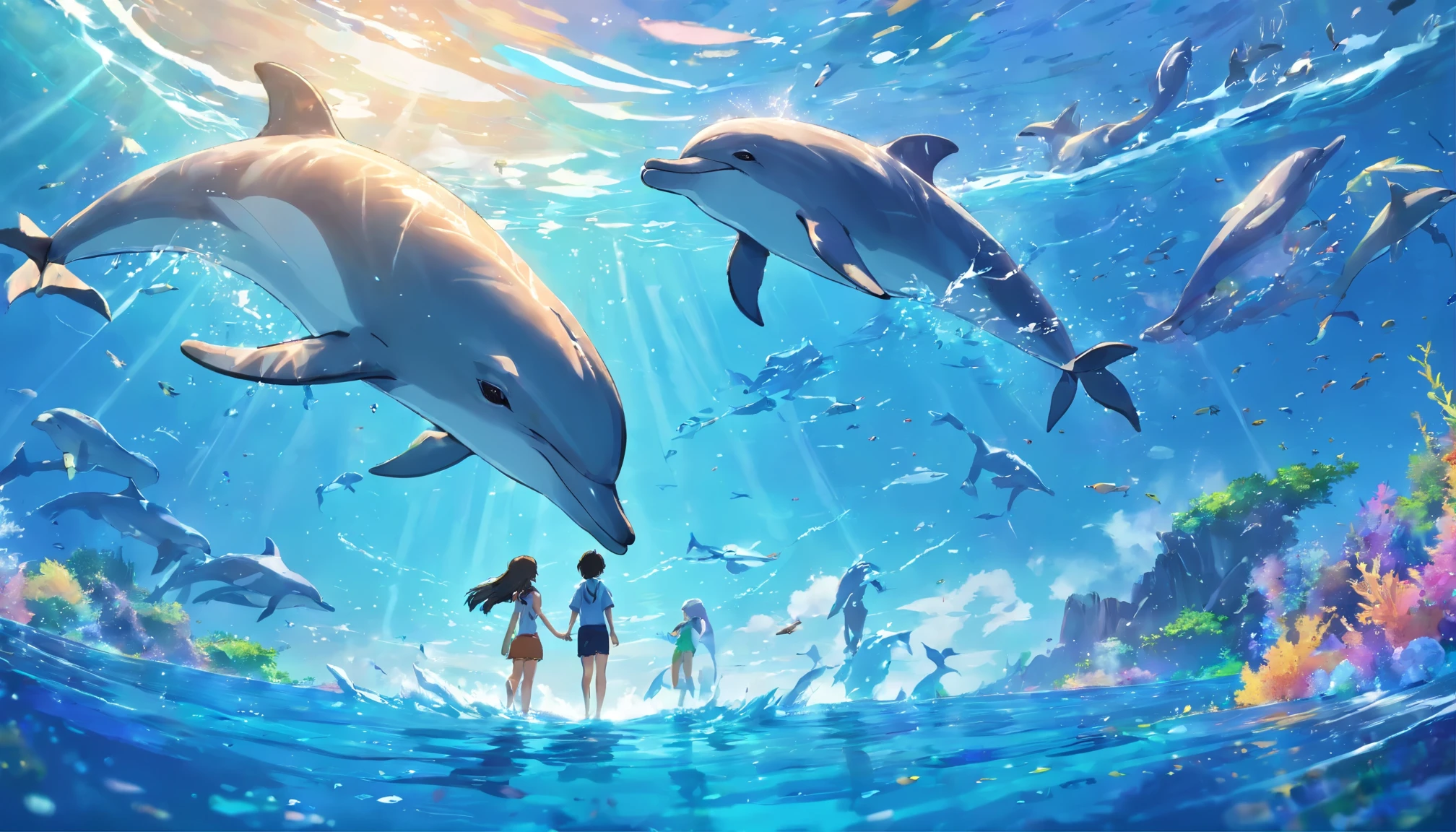 painting of dolphins swimming in a colorful sea, looking up at the composition, Jellyfish and whales, inspired by Cyril Roland, beautiful artwork illustration, Author: Shimoo, colorful concept art, Makoto Shinkai Cyril Roland, Cyril Roland style, whale, highly detailed watercolor 8k, Highly detailed watercolor 8k, Octane, End, Realistic, 8k, Estilo de Makoto Shinkai( Rational design, Clear lines, High sharpness,Top quality, Highly detailed, Master parts, Film lighting effects, 4K ), Boy and girl swimming at the bottom of the sea A boy and a girl are swimming at the bottom of the sea, their dream is magic, fish, and