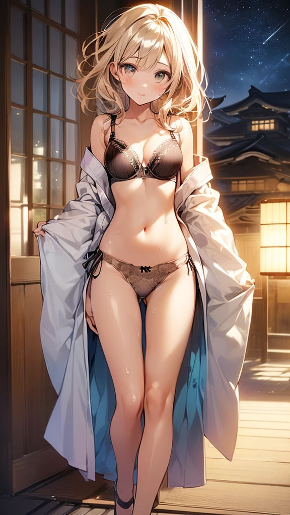 (((night,真night中))),(whole body),(((Cinema Lighting))),((Perfect Anatomy:1.2,Realistic:1.3,RAW Photos:1.3,masterpiece、highest quality、Ultra - High resolution、High resolution、Highly detailed CG、8k)),((attractive way to sit)),((旅館のJapanese-style room))、indoor、1 female,alone,18-year-old、High school girl beautiful girl,Japanese,((Beautiful and graceful face and eyes:1.2,Big beautiful eyes:1.0,)),(Bright Eyes),((Beautiful woman))、((blonde)),Long Hair,(Random hairstyle),Medium Chest,((The body is slim)),Small Head:1.3,skinny,(Brown Skin:1.8),((Oily skin,Glowing Skin,Shiny skin,Sweat:1.4)),((Model pose)),(((Kimono 1.8))),{{{Undressing}}},(prostitution),Japanese-style room,((Turn your body forward)),Stick out your crotch、(Detailed depiction of the crotch),break,(((Satin Bra)))、(((satin panties)))、(Shiny bra:2),((Shiny panties:2))、(((Award-winning design underwear))),((((Bra and panties are the same color))))、((Shiny Bra 2)),((Shiny panties 2))