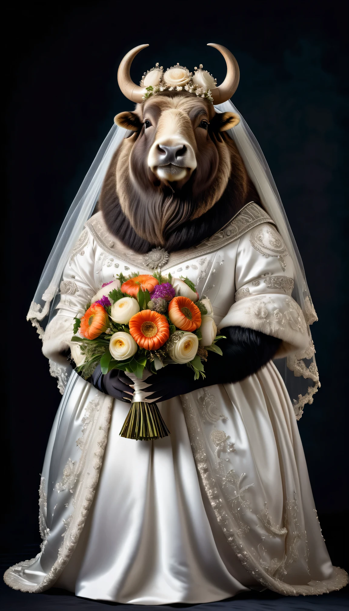 photorealistic portrait of Dressed animals - a ((fat)) musk ox bride,(elegant pose),(happy smile),(furry), high quality,(lovely) ,intricate details, highly detailed (gothic wedding dress)),wearing opera globes ,wearing highly detailed veil, highly detailed decorations ,holding flower bouquet, (happy), studio lighting,(full body image:2.0)